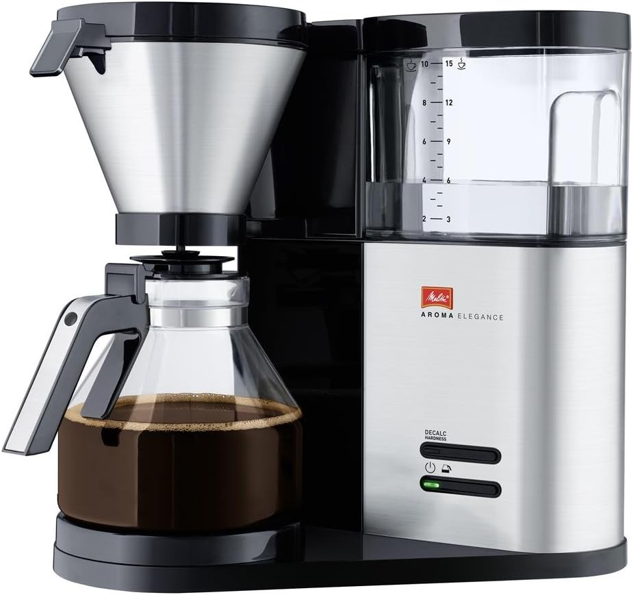 Melitta Aroma Elegance, 1012-01, Filter Coffee Machine with Glass Jug, Black/Brushed Steel