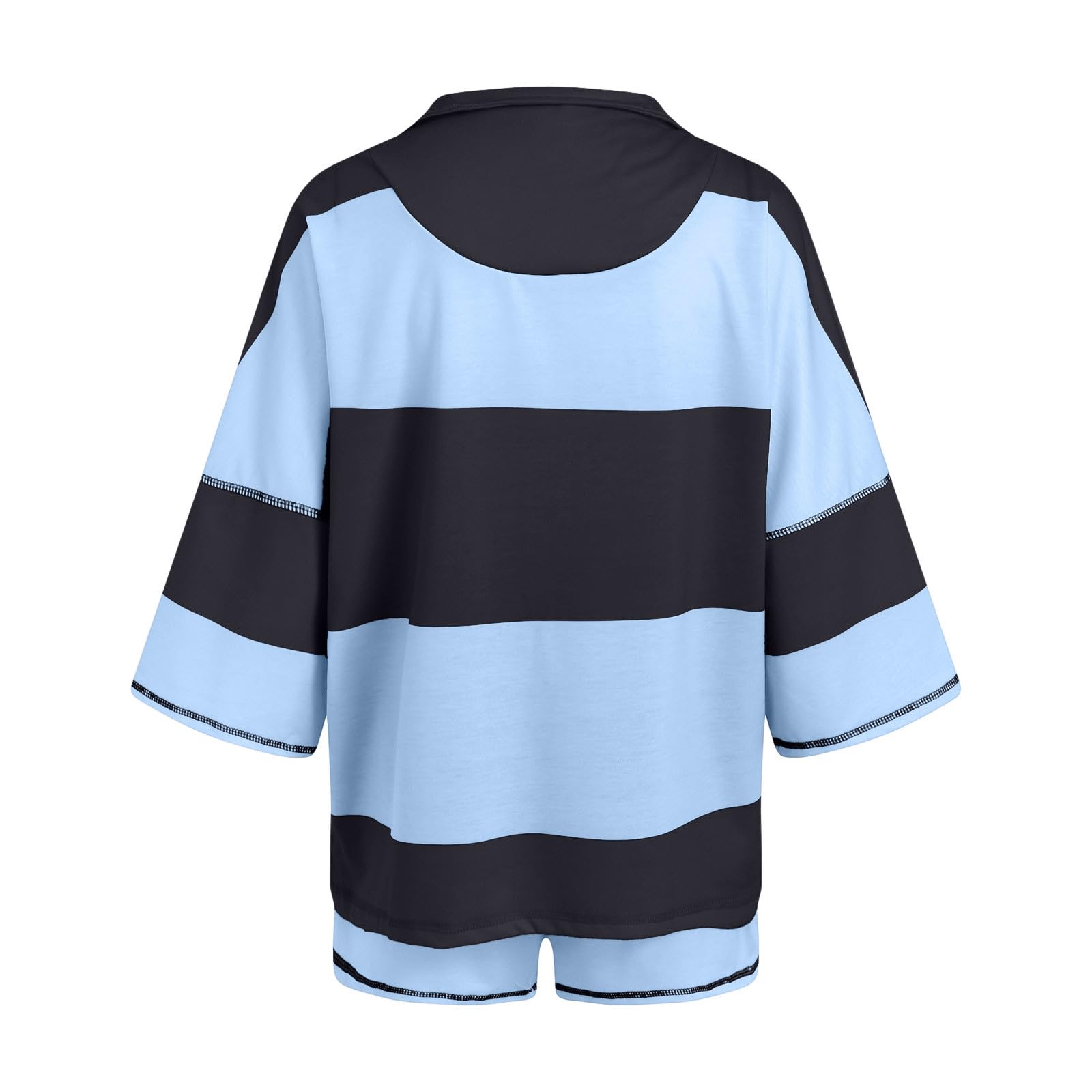 Ensemble de détente 2 pièces Femme en Tricot rayé à Manches Courtes Short décontracté l'été Tricot gaufré Chauve Souris Haut Cordon Serrage Taille Rayures Demi Ample Poche Top Short Taille élastique