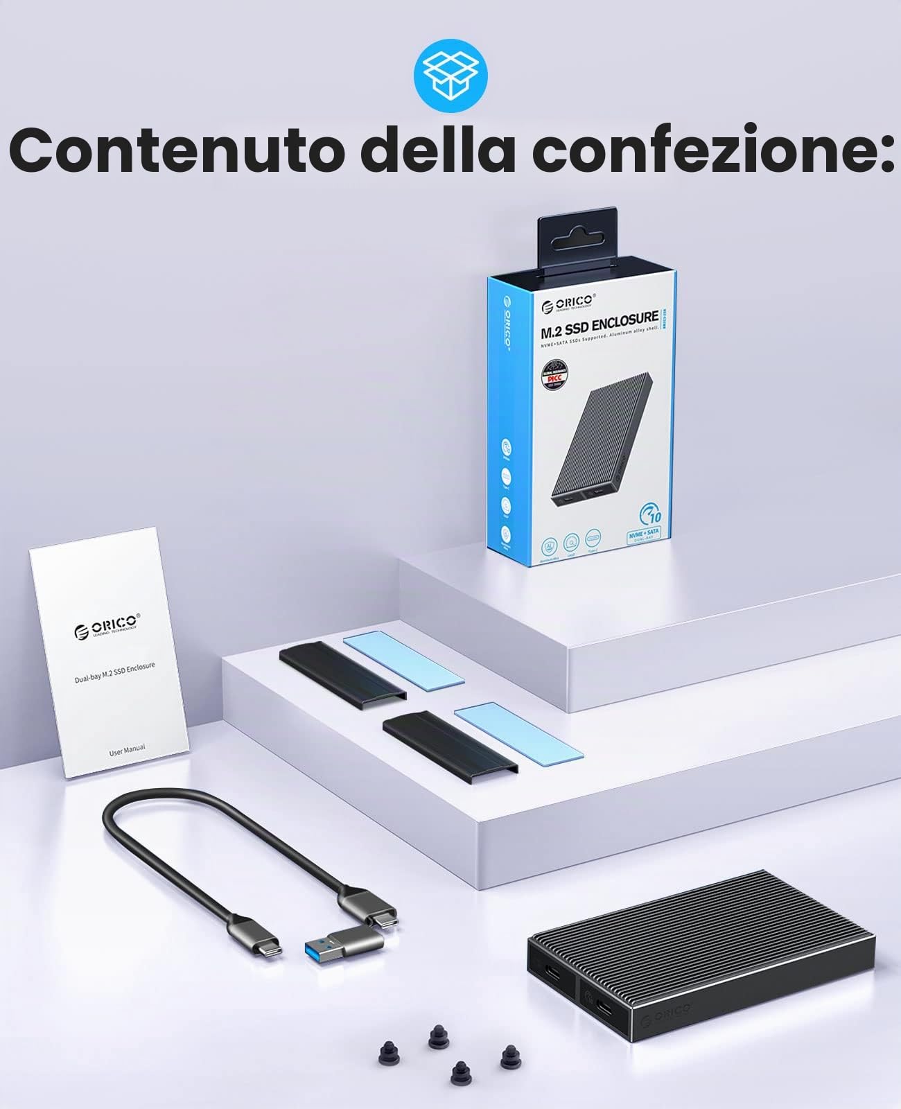 ORICO Case SSD M.2 SATA 6Gbps Adattatore Senza Attrezzi in Alluminio, USB3.2 USB-C per M.2 PCIe NVMe M-Key 2230/2242/2260/2280 SSD, Thunderbolt 3 Compatibile, Supporto per UASP Trim- BM2G2