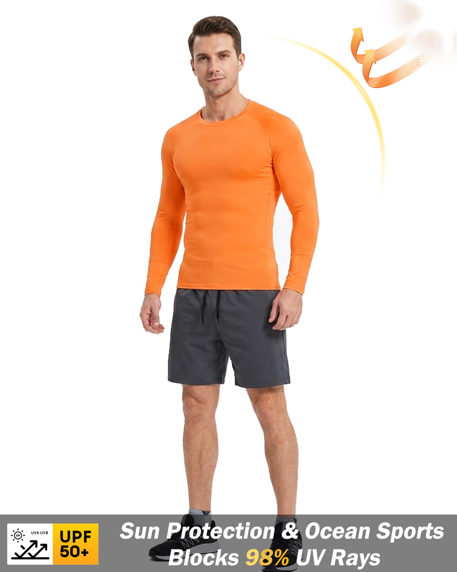 Camisetas de natación para Hombre, con protección Solar UPF 50+, de Manga Larga, Ligeras, de Nailon de Secado rápido, Naranja, Small