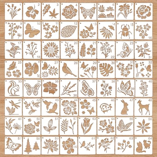 wadafen 64pcs Stencil Plantillas Dibujo Flores Animales Mariposas Pájaros Stencil, Reutilizables Plantillas Plástico Decorativas para DIY Scrapbook Madera Muro