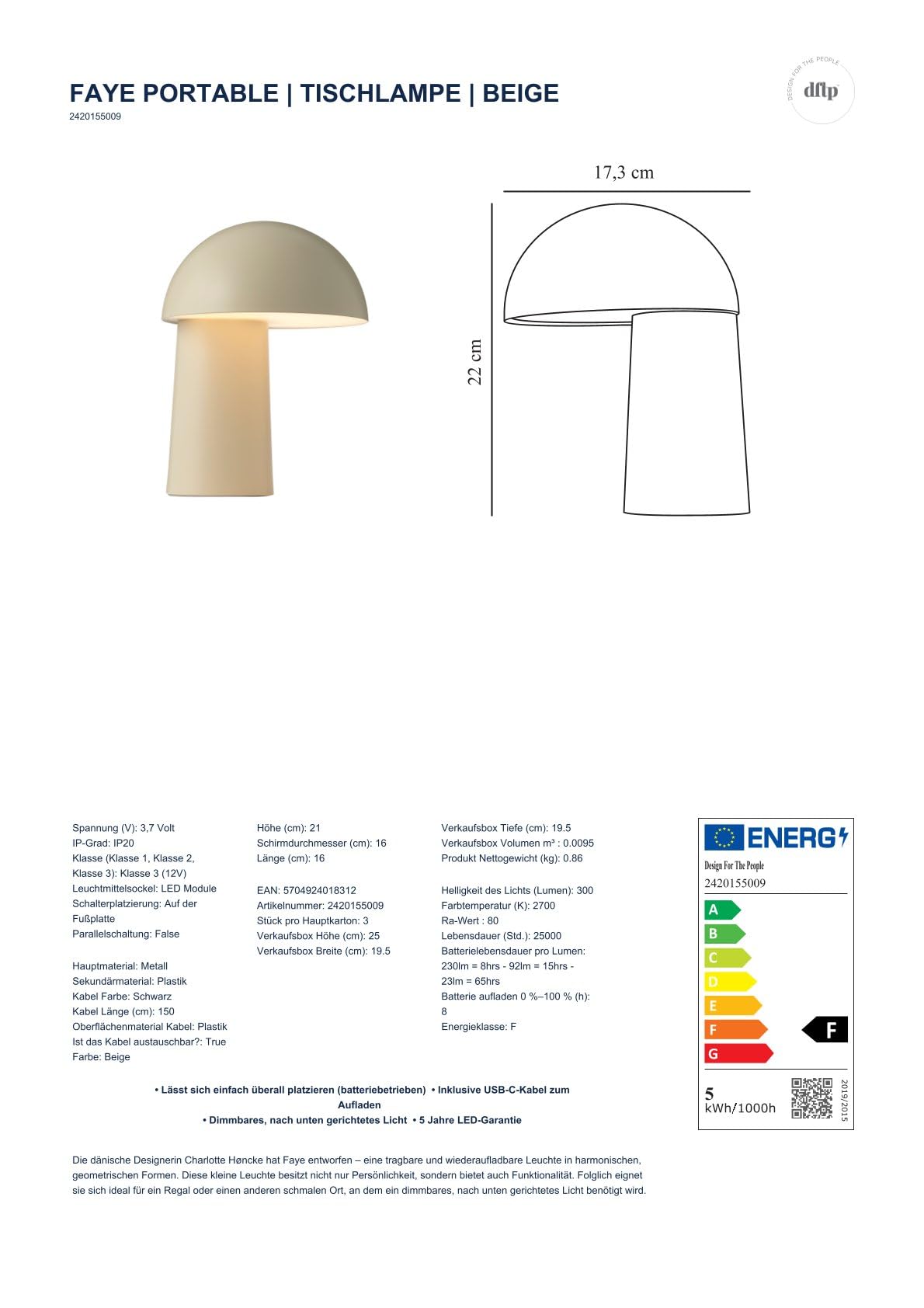 DTFP Faye Portable Tischlampe | Wiederaufladbare LED-Leuchte | Dimmbares Licht | Batteriebetrieben | USB-C-Ladekabel inklusive | Modernes skandinavisches Design | Beige