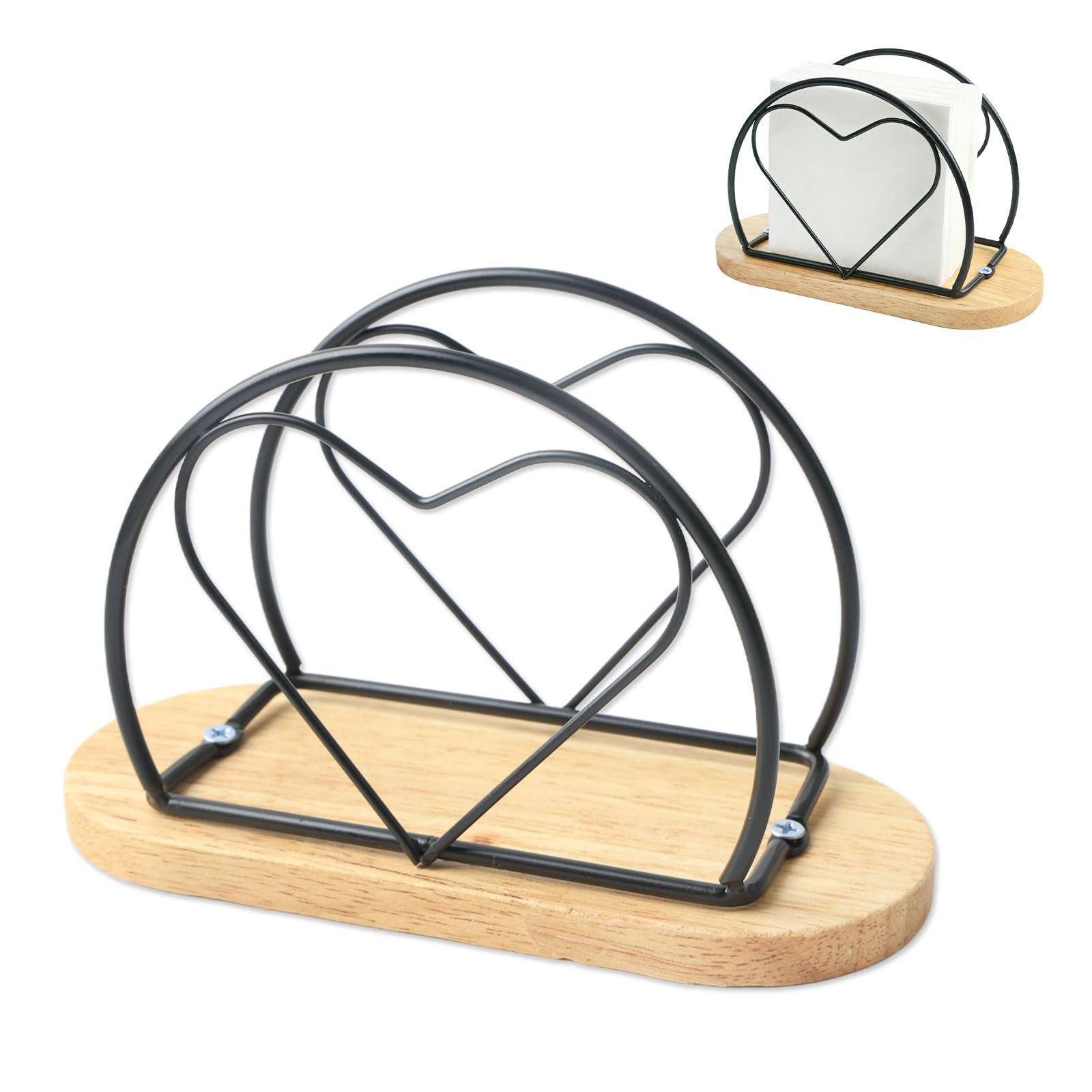 XHYASD 2 Stück Serviettenhalter Herz Schwarz Holzsockel Metall | Metall Holz, schwarz, 2 Stück, Herz-Design, 15,7 x 6,7 x 10 cm