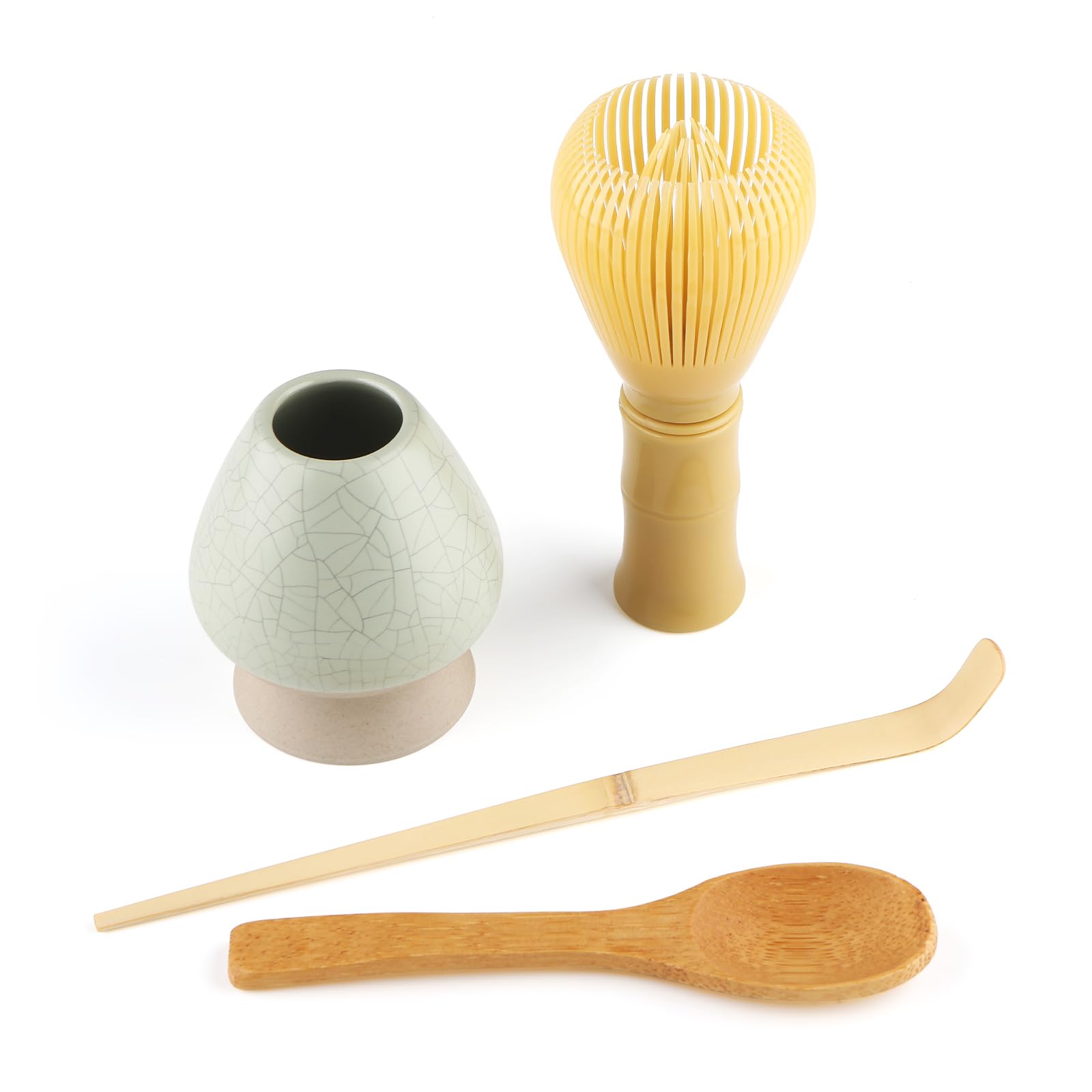 4 Piece Matcha Japanese Ceremony Set, Resin Matcha Whisk, Bamboo Spoon, Bamboo Scoop, Whisk Stand, Perfect Set for Preparing, Yellow - Grid Green