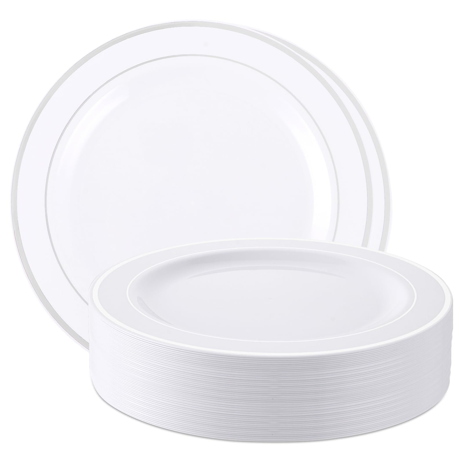 Lot de 40 assiettes en plastique blanches de 26 cm - Réutilisables - Assiettes en plastique réutilisables - Assiettes de fête - Assiettes de fête - Assiettes en plastique (blanc & argent)