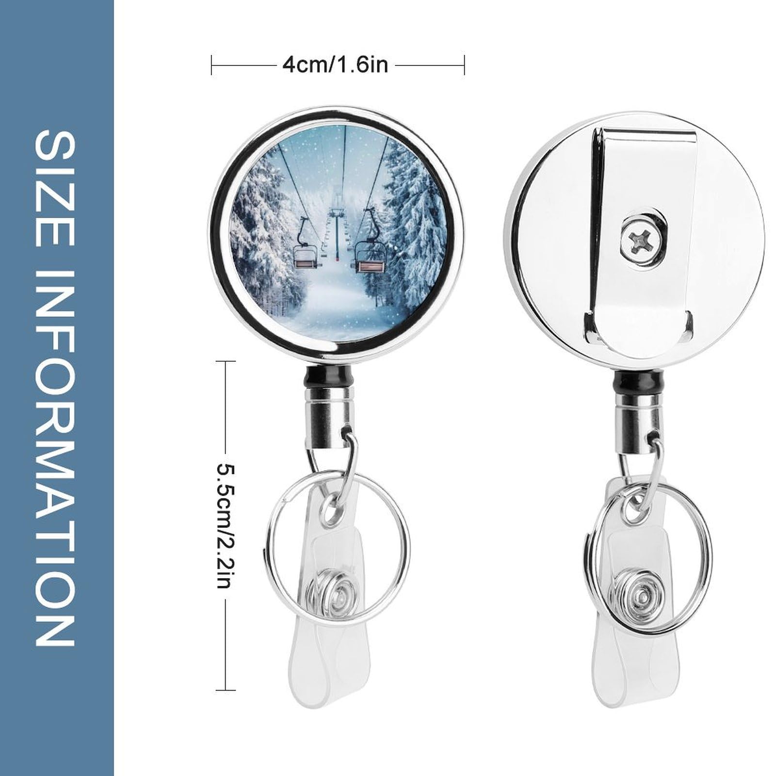 Winter Snowy Ski Skiing Lift Forests Retractable Badge Holder Metal ID Name Holder Key Ring with Belt Clip
