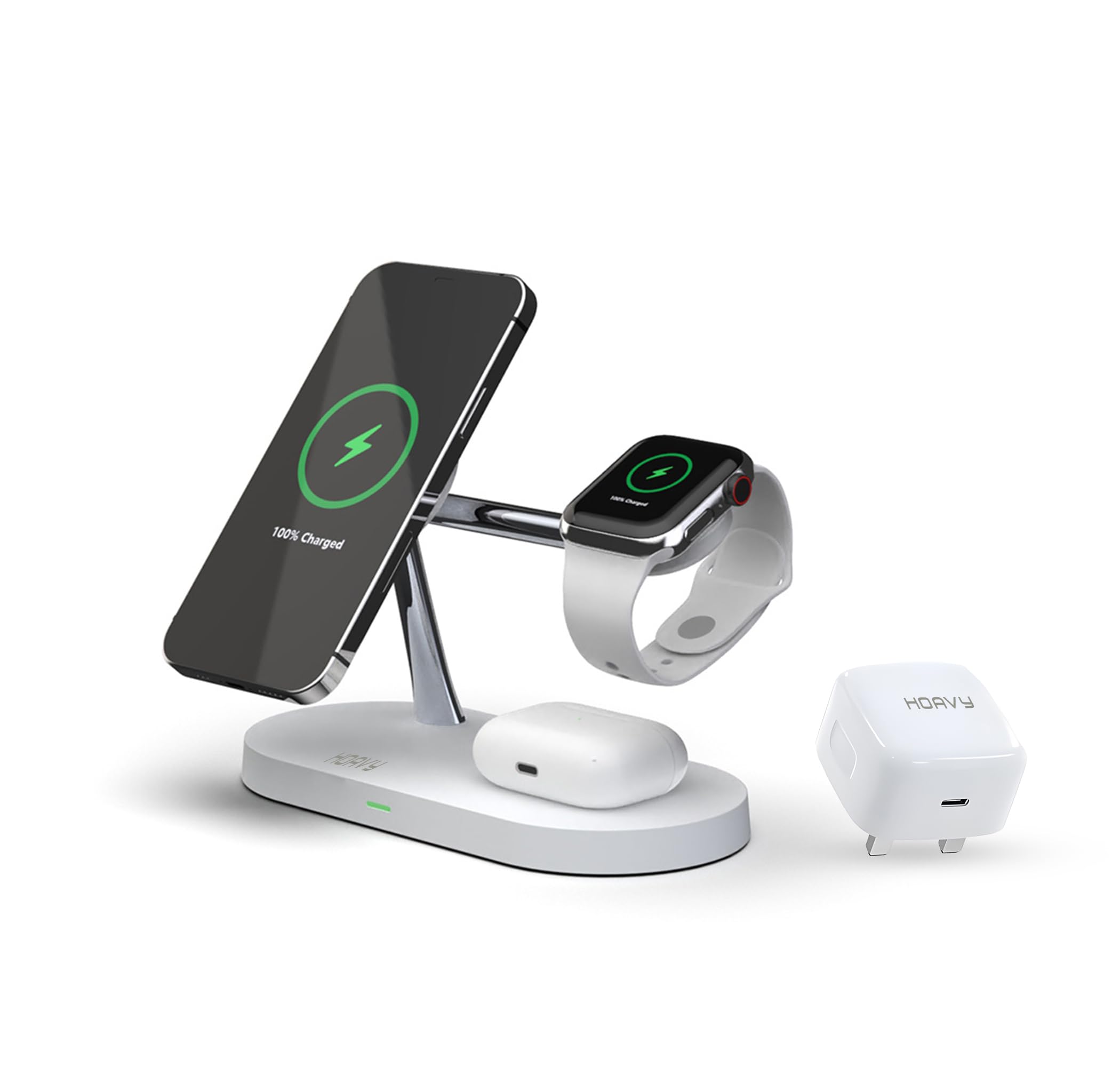 HOAVY 5 in 1 wireless charging station for magsafe charging devices, Magnetic charger compatible for iphone 15/14/13/12 models,iWatch,Airpods.Dimmable night lamp, [20w Pd Charger Included] (White)