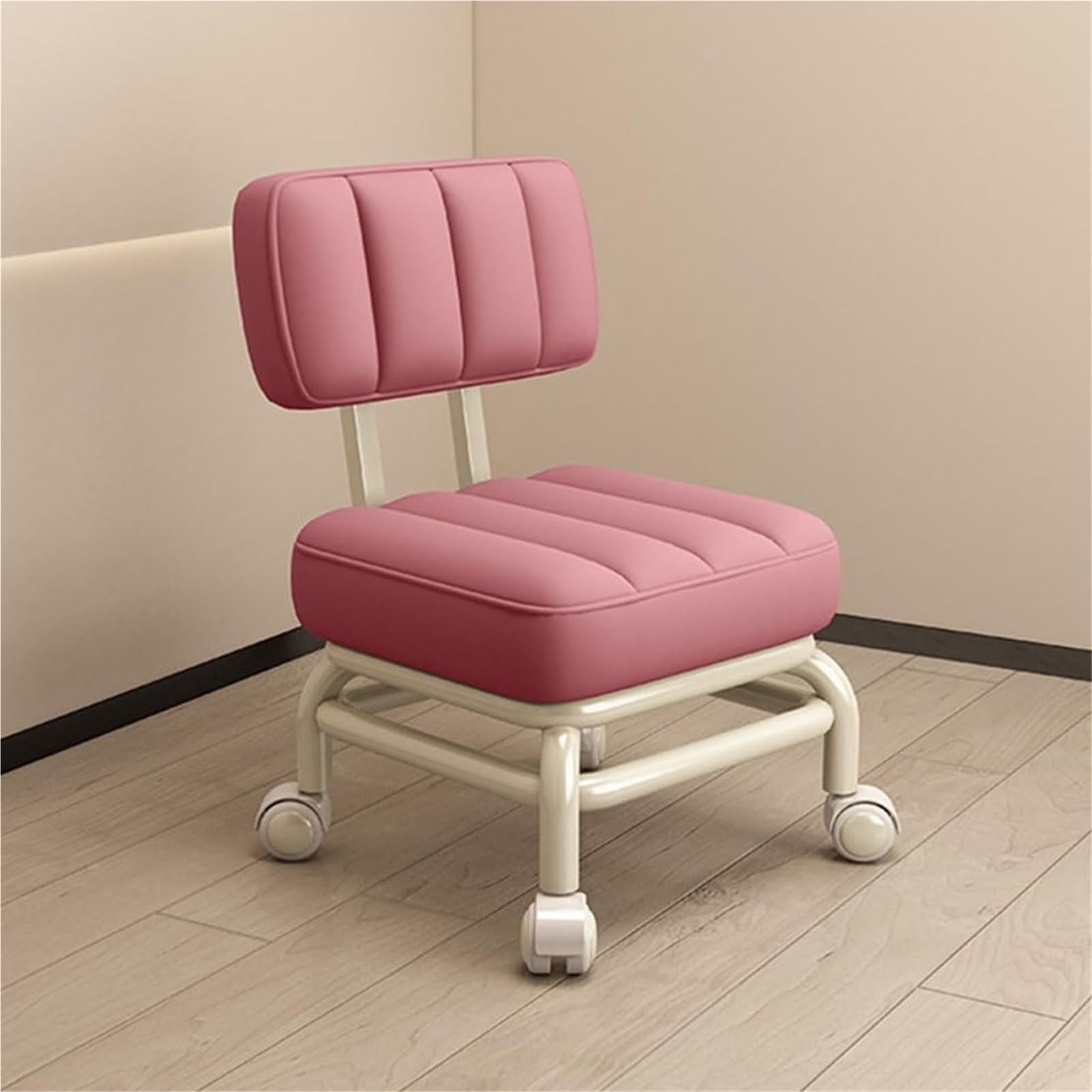 AVSMGP Silla con Ruedas Y Respaldo, Taburete Bajo con Ruedas De PU- Taburete De Pedicura Giratorio 360° para El Hogar para El Jardín, Masajes, Oficina, Garaje,Rosado