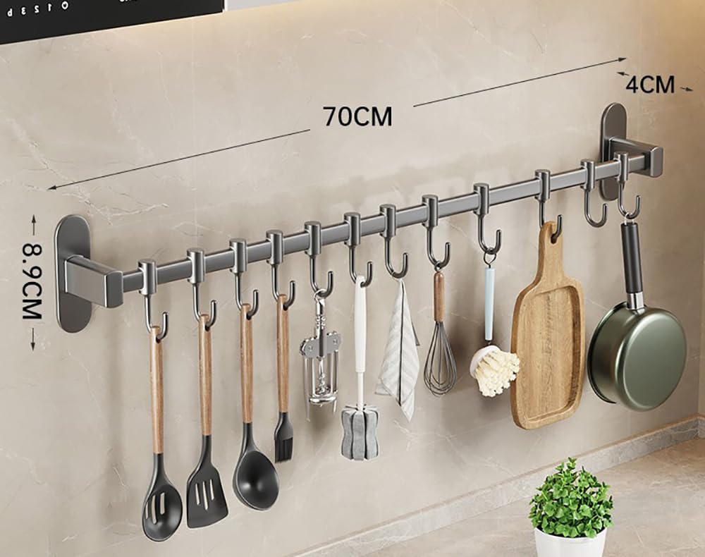 Mensola da cucina a parete, 70 cm, organizer in alluminio con ganci per pentole e padelle, soluzione ideale per riporre e organizzare la cucina
