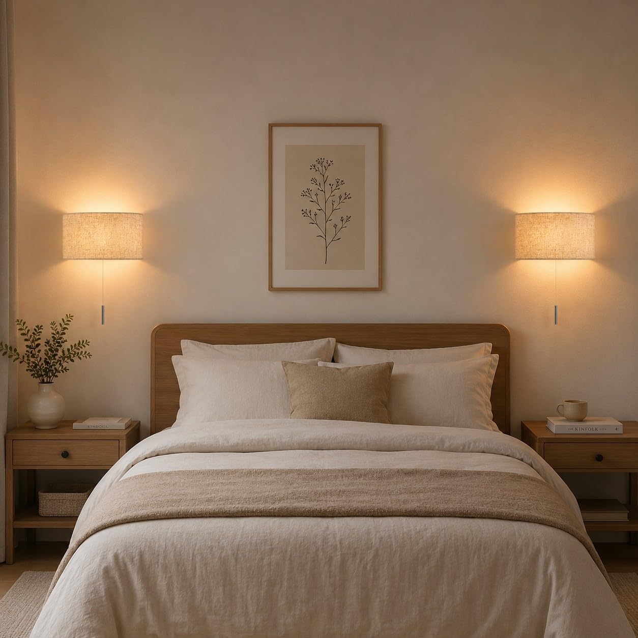 2 Pack LED Wall Lights with Pull Cord Swith Nature linen Shade Bedside Lamp