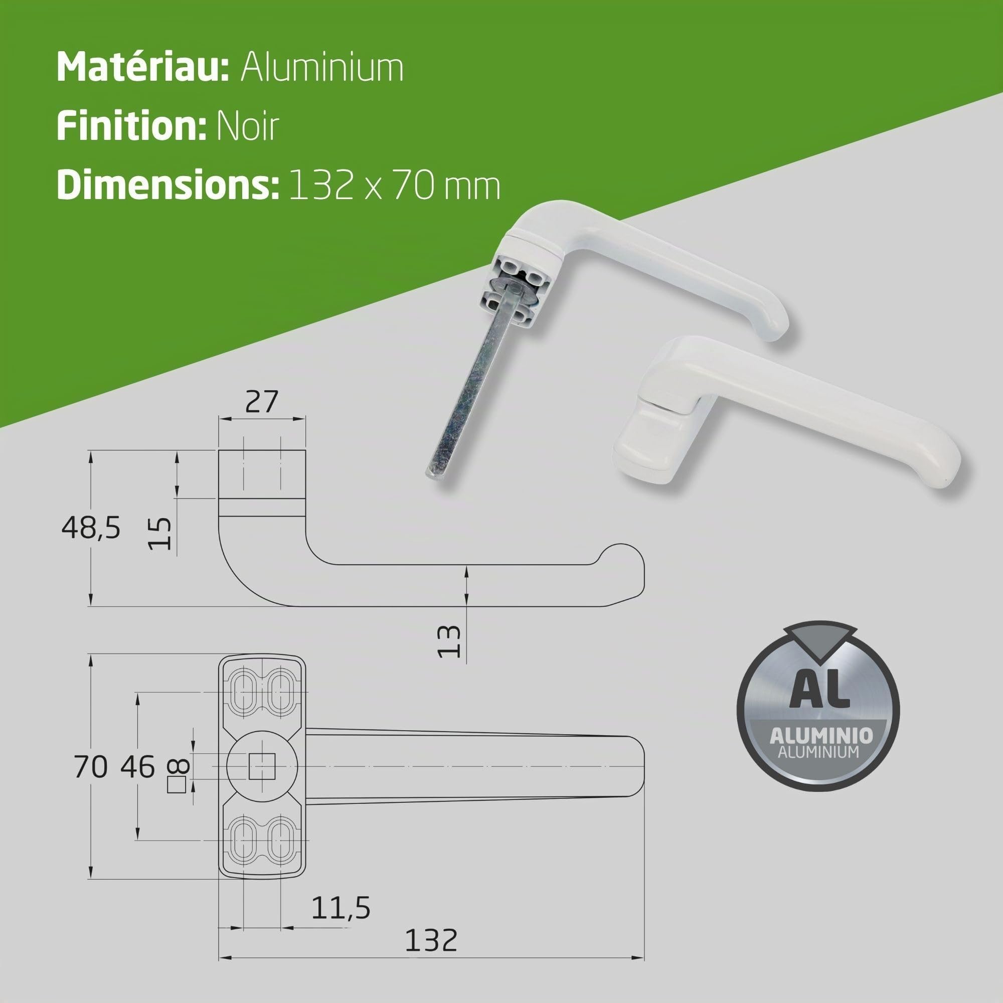 Amig - Jeu de Poignées de Porte avec Rosace - Modèle Epsilon - 132 x 70 mm - Carré de 8 mm - Blanc - Aluminium - Design Élégant et Simple