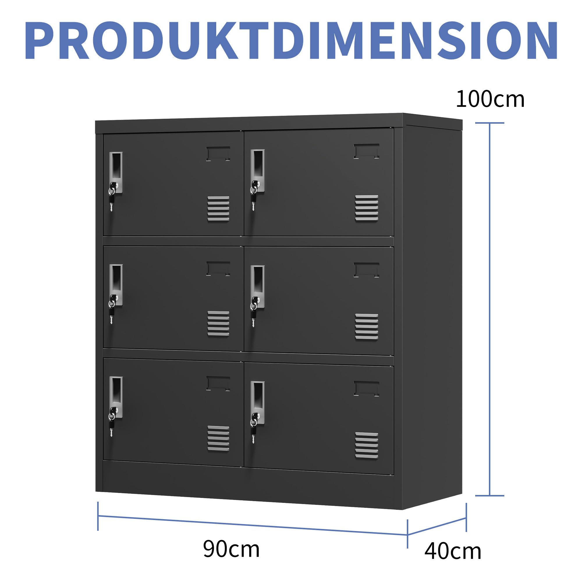 Armoire à casier à 6 compartiments verrouillable en métal avec serrures séparées, 2 × 3 compartiments pour bureau, école, atelier, salle de sport et opération, noir