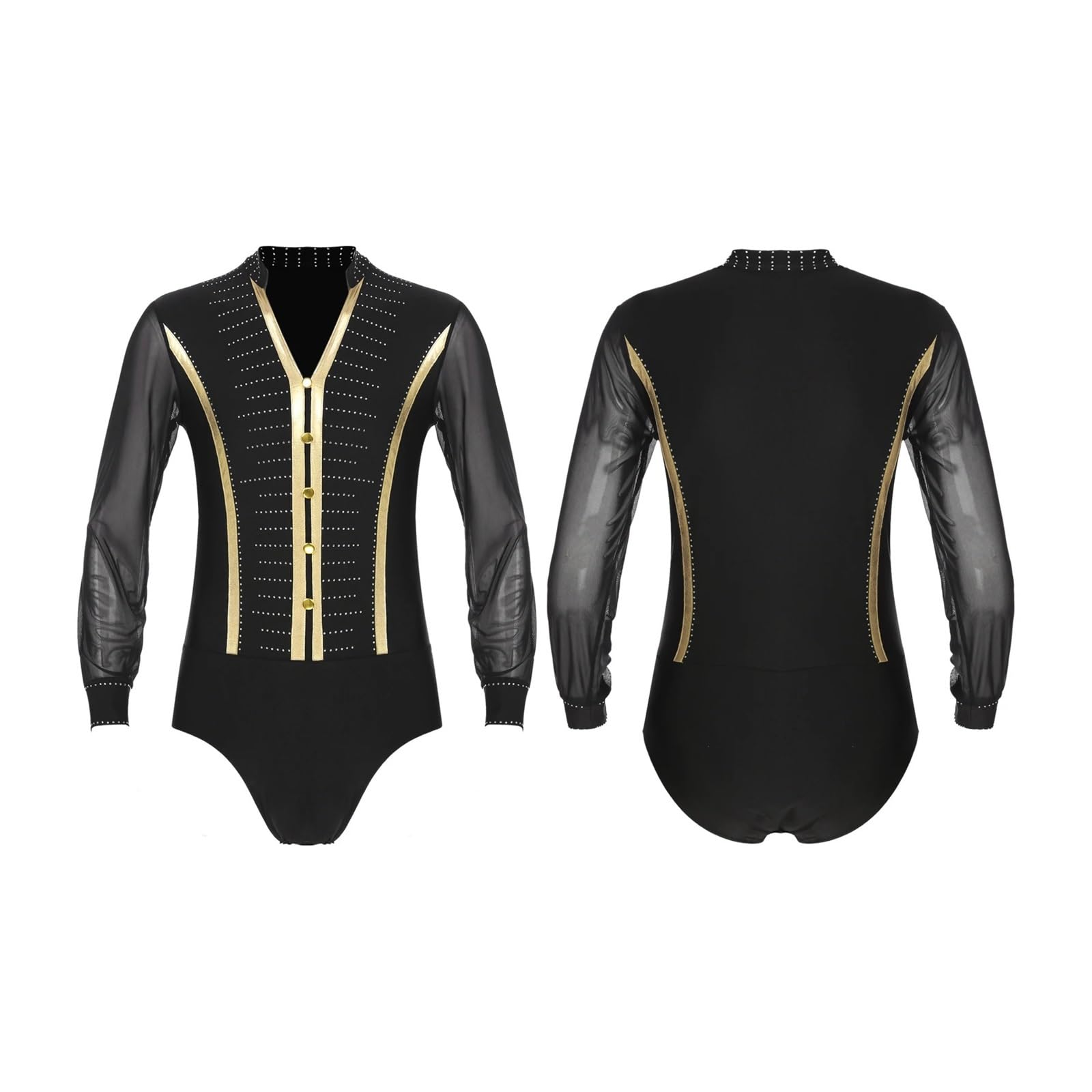 Hombre Camisa De Danza Camisa de baile latino con diamantes de imitación for hombre, mono, trajes de baile de salón, cha cha rumba, mono de manga larga, ropa de práctica latina(Black,M)