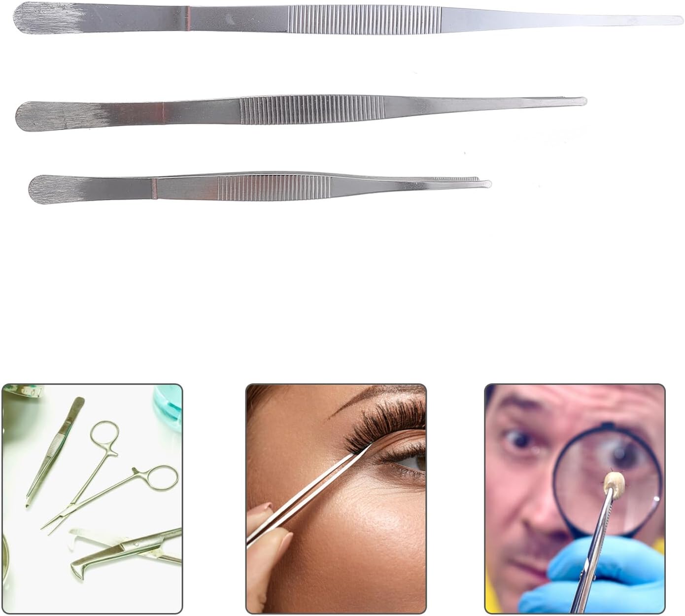 3pcs Stainless Steel round Tip Serrated Tweezers Set, Precision Lab Tongs with 20cm, 25cm, and 30cm Sizes, Universal Stainless Steel Tweezers for Scientific, Craft, and Coin