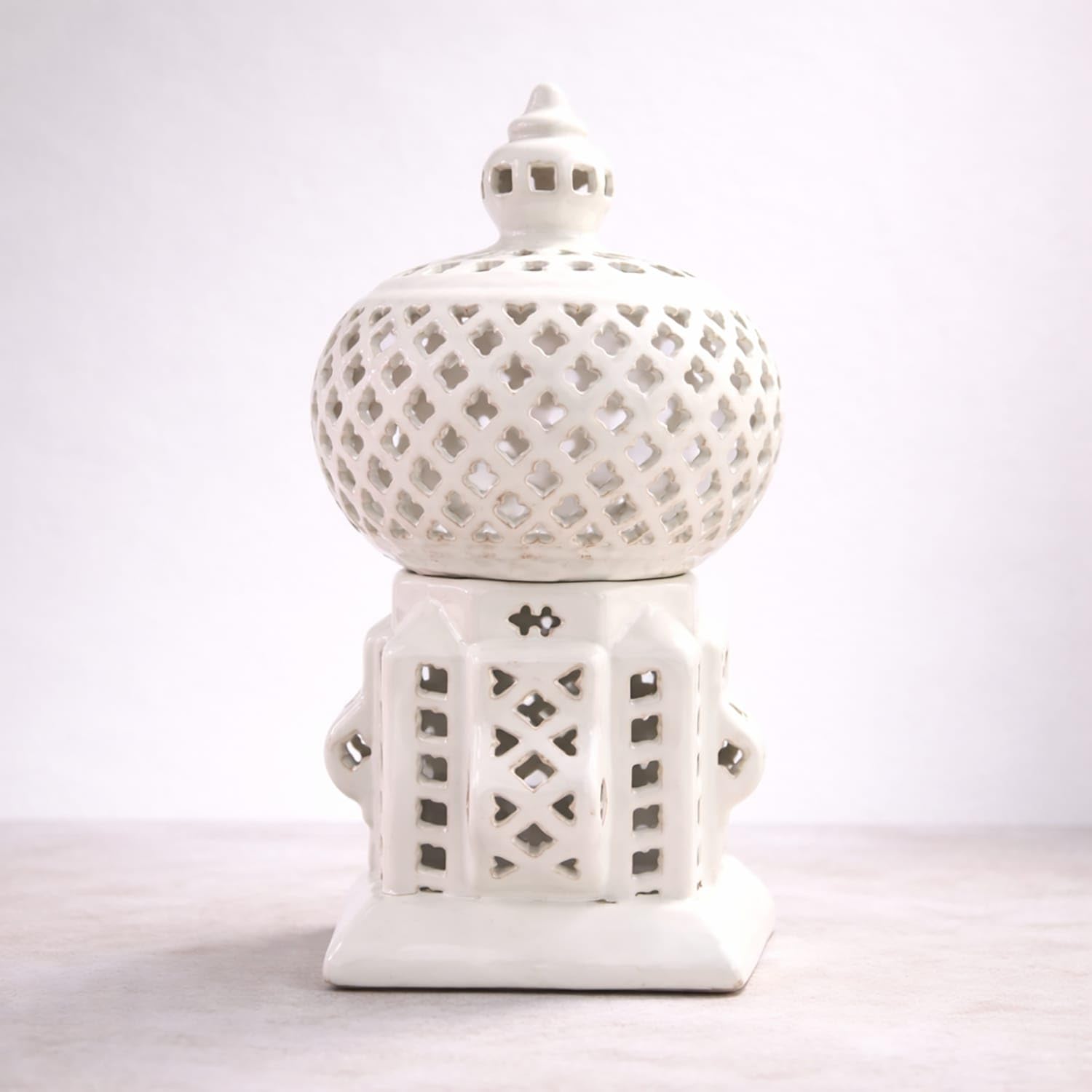 Lanterna Decorativa in Terracotta Bianca Artigianale Tunisina | Porta Candela | Oggetto Arredo (23x23 cm, H. 43 cm) 0201261102