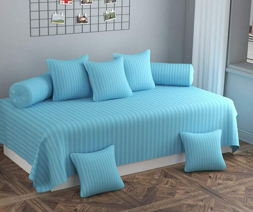 Sky Tex Satin Cotton Stiped Plain Turquoise Color 150 TC Diwan Set (Set of 8)-picture-25