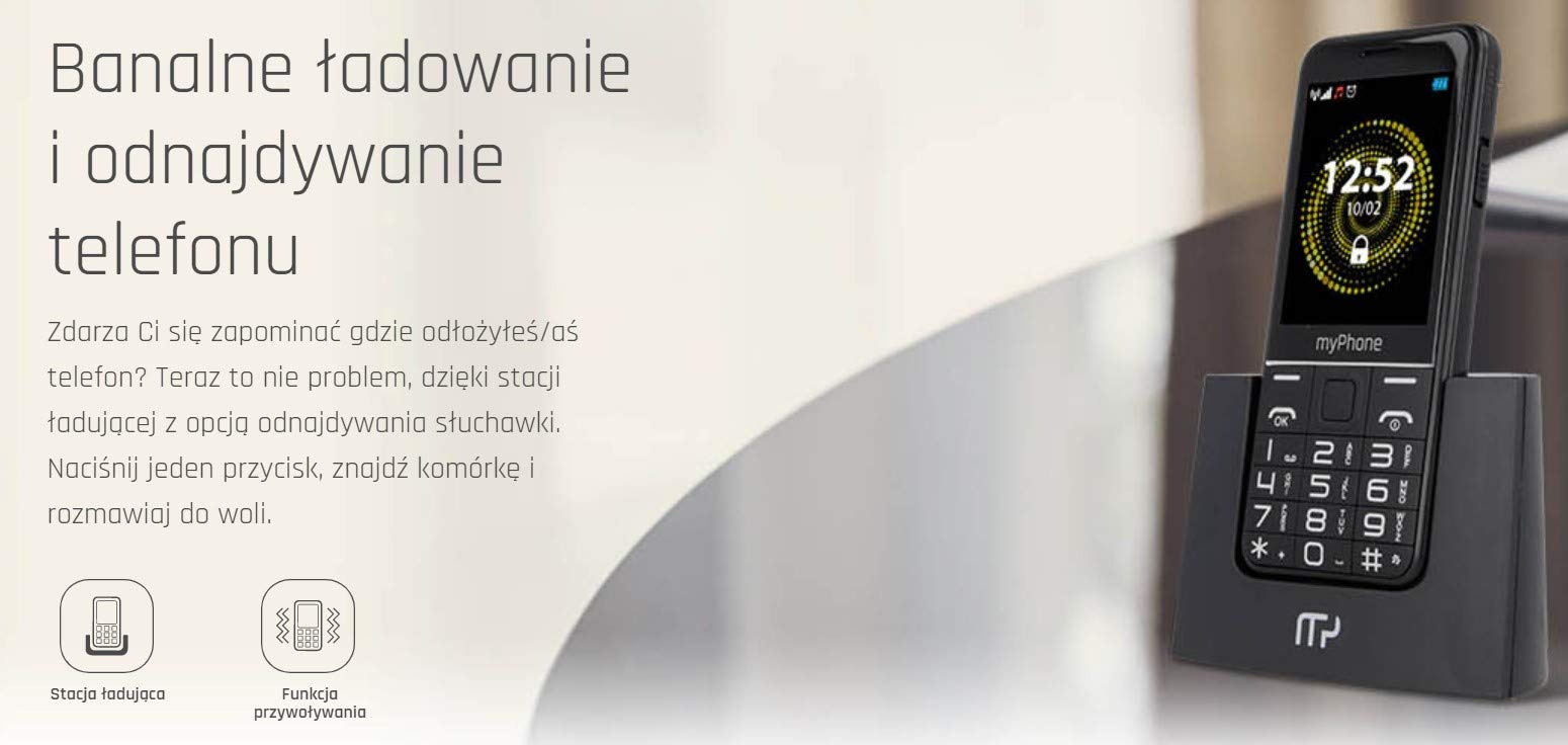 myPhone Halo Q+ 4family telefon dla seniora ze stacją ładującą, duży wyświetlacz 2,8 cala, mocna bateria 1400 mAh, aparat 2Mpx, duże klawisze, fotokontakty, 3G, przycisk SOS, latarka, dual SIM