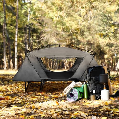Kamp-Rite Oversized Quick Setup 1 Person Multifunctional Sleeping Cot Convertible as Lounge Chair, and Tent with Domed Top and Mesh Entry Doors, Gray