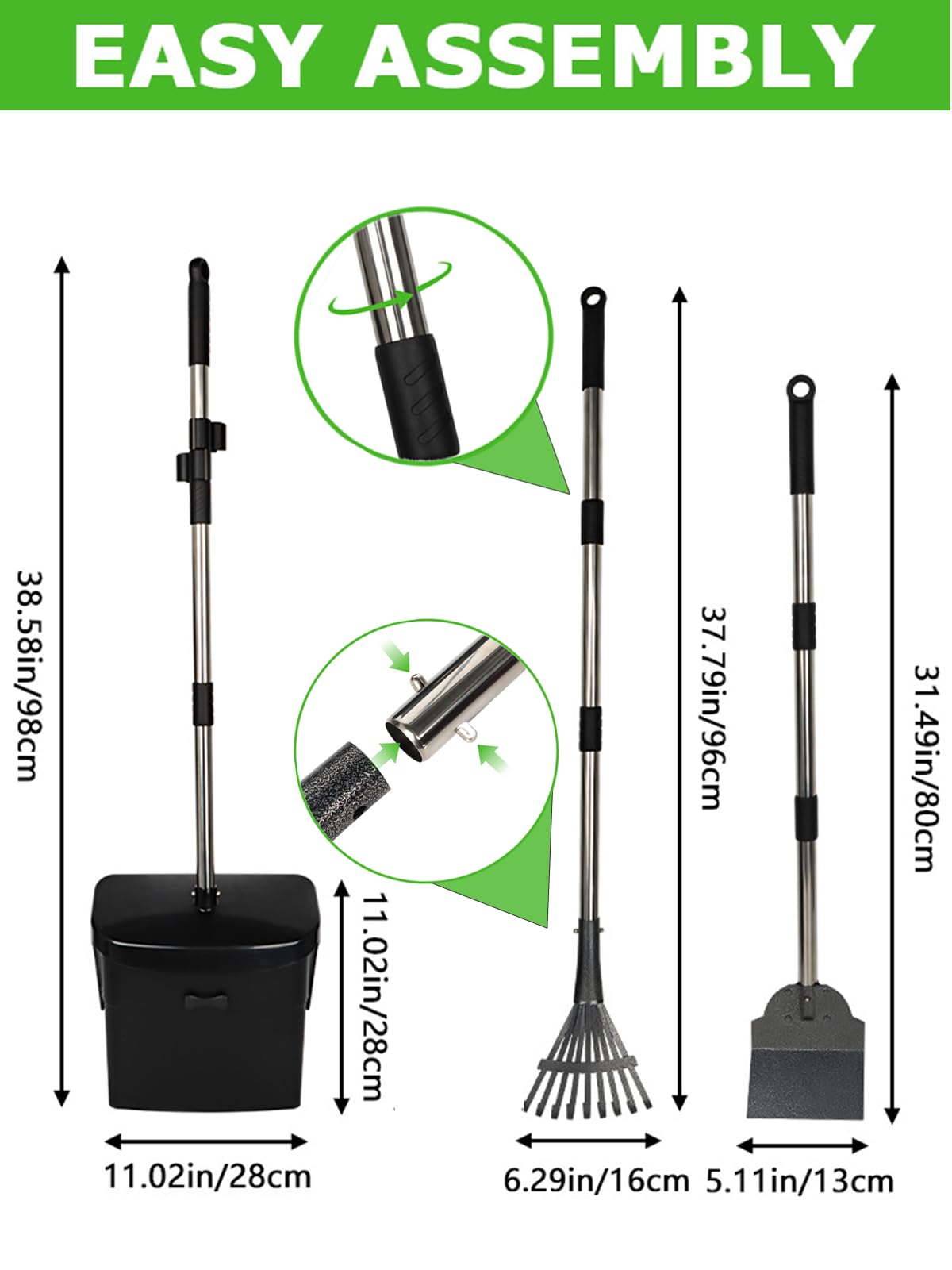 Long Manche Pelle à Déjections Canines et Râteau & Collecteur Pivotante | Acier inoxydable, Sans se baisser, Anti-odeurs, 50 sacs inclus, Pour jardin, cour et promenade quotidienne, Facile à Nettoye