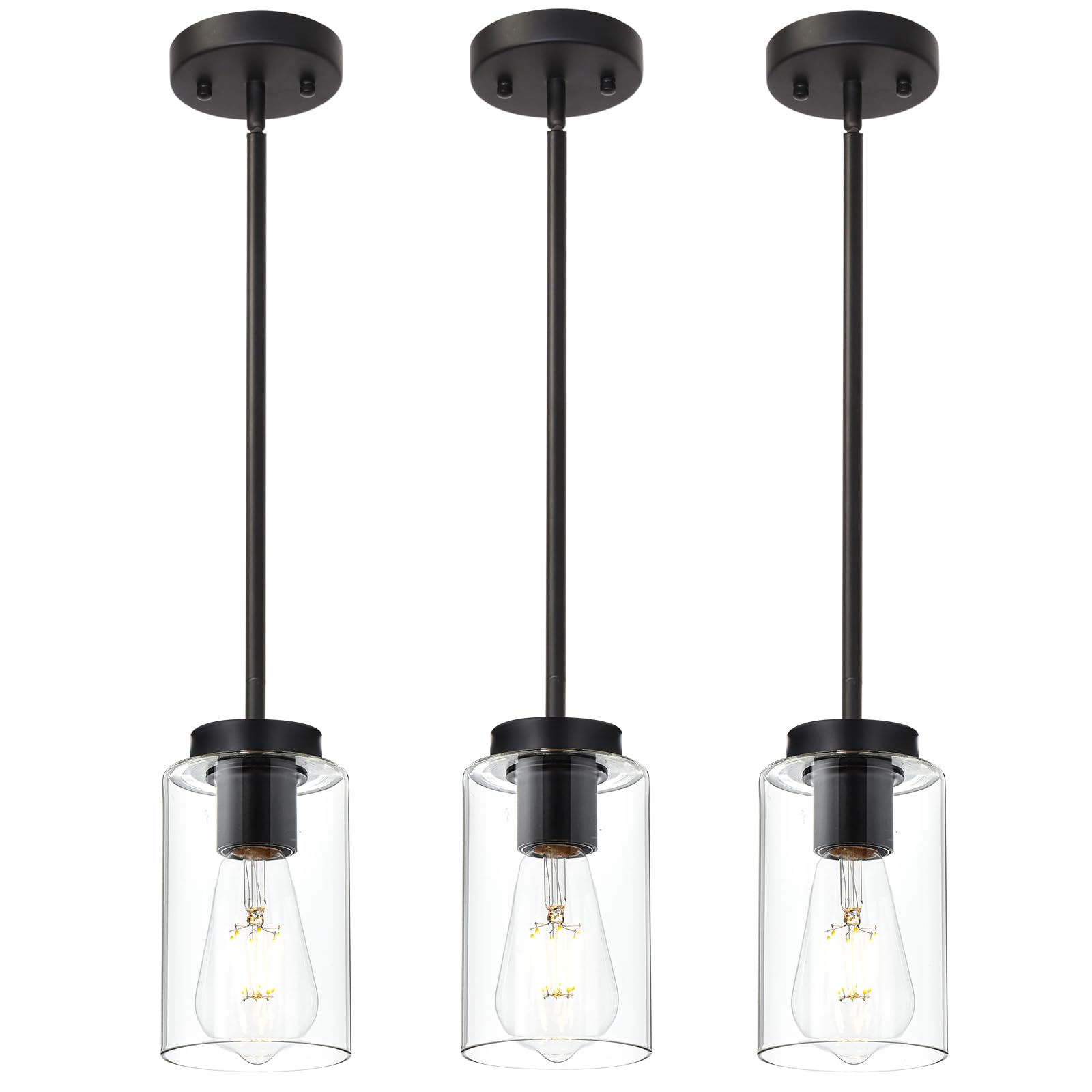 VINLUZ3 Pack Modern Black Hanging Pendant Light Fixture with Clear Glass Shade,Mini Island Lighting for Kitchen Island Decor,Hallway, Entryway