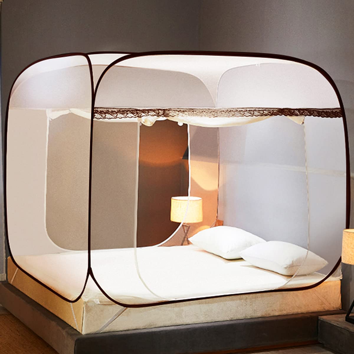 GJMSSMY Mosquito Nets, Pop Up Mosquito Net for Bed Portable Tent Travel Mongolian Yurt Dome Net Folding Double Doors for Outdoor Trip Baby Kids Adult,Brown,2.0m×2.2m×1.6m