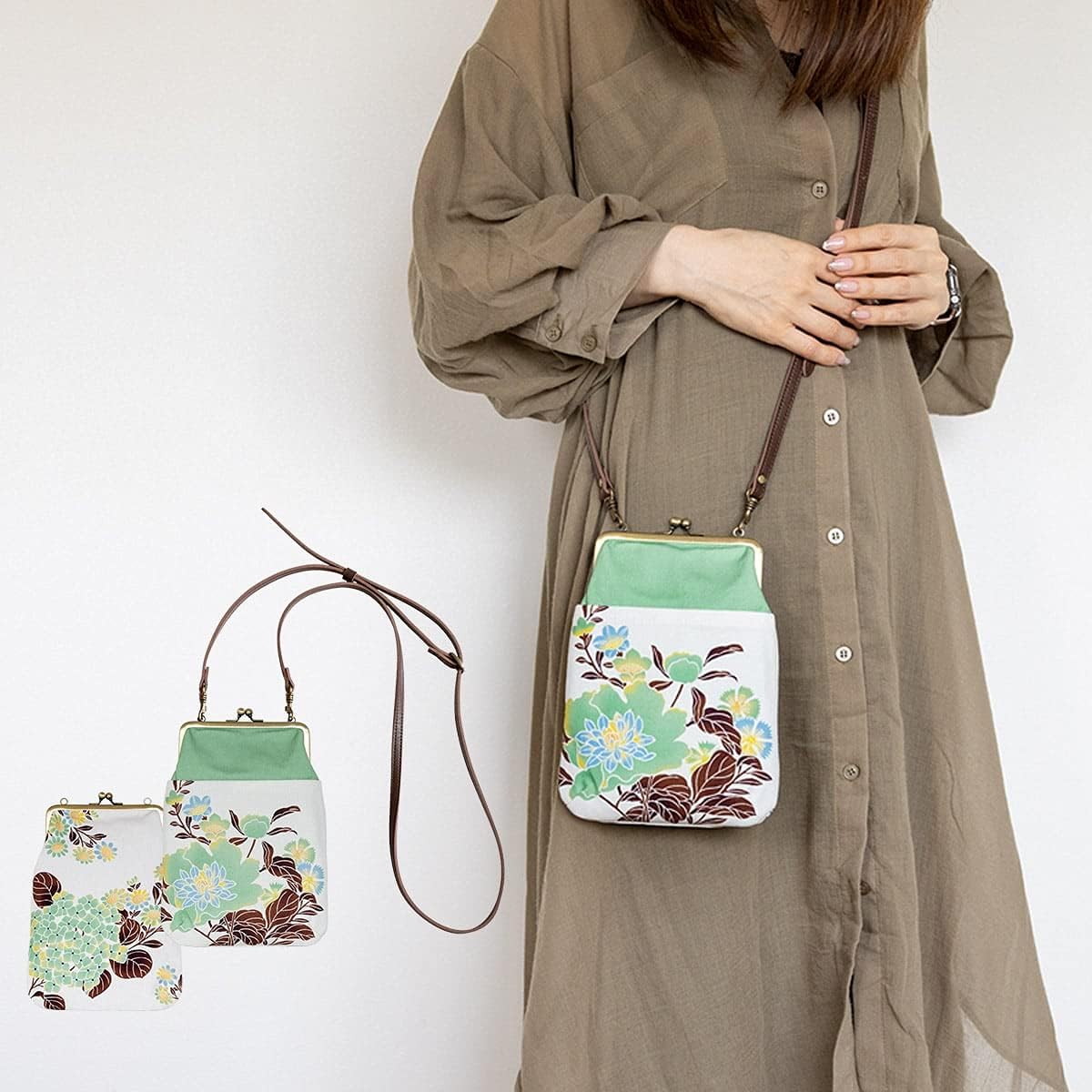 inokichi 4-Inch Vertical Gamaguchi Pochette, Purse Pochette, Japanese Modern, Phone Folder Smartphone Bag Smartphone Pochette, Temaribana Green,