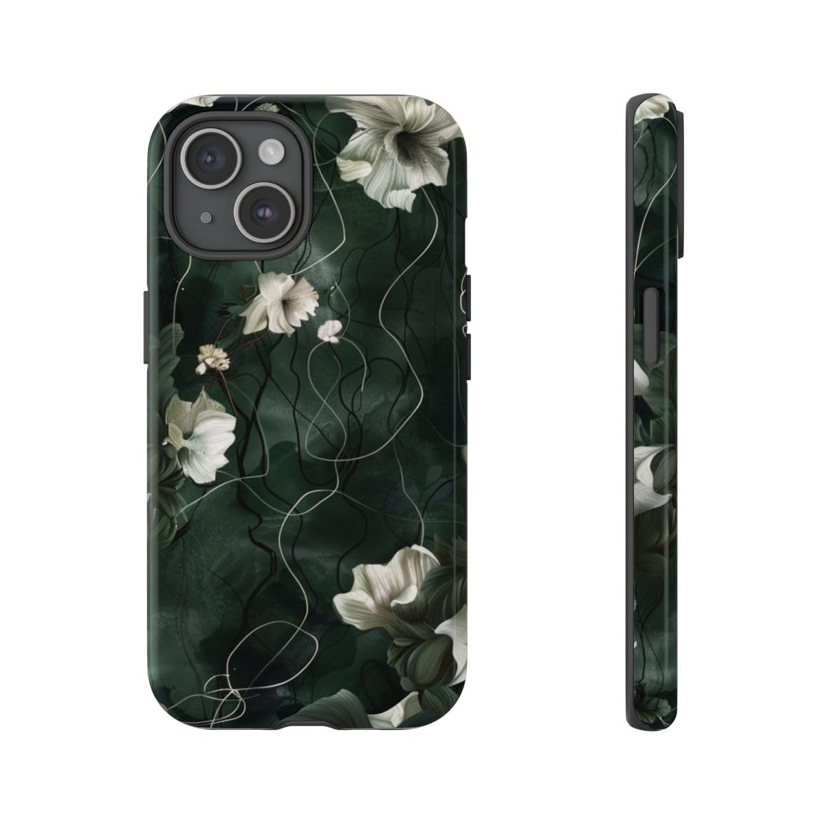 Coque rigide iPhone 15 fleur vert foncé coque brillante antichoc - 4