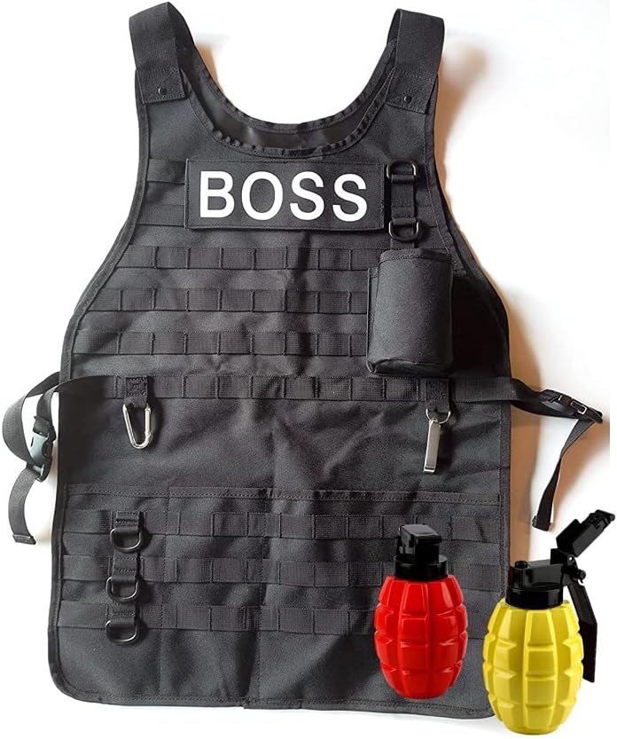 Tactical Molle Apron Outdoor Durable Camping BBQ, Bottle Opener, Pockets, Reusable Carabiner, Adjustable, Barbeque Cooking Grill, Gardening, Garage, Condiment, Removable Velcro Patches