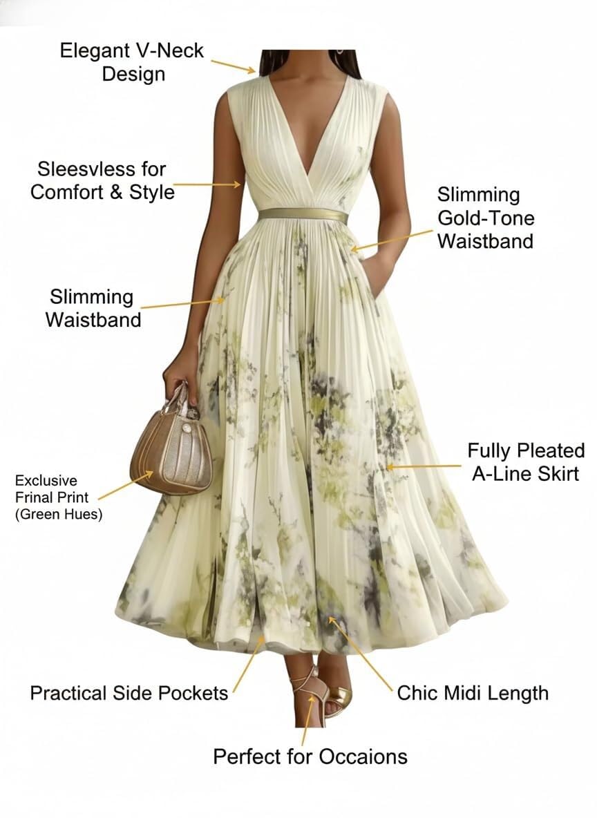 Vestido Midi con Flores Mujer Sin Mangas Escote V, Modelo Plisado con Cintura Alta, Vestido Elegante Casual para Verano Fiestas Vacaciones Y Salidas Diarias