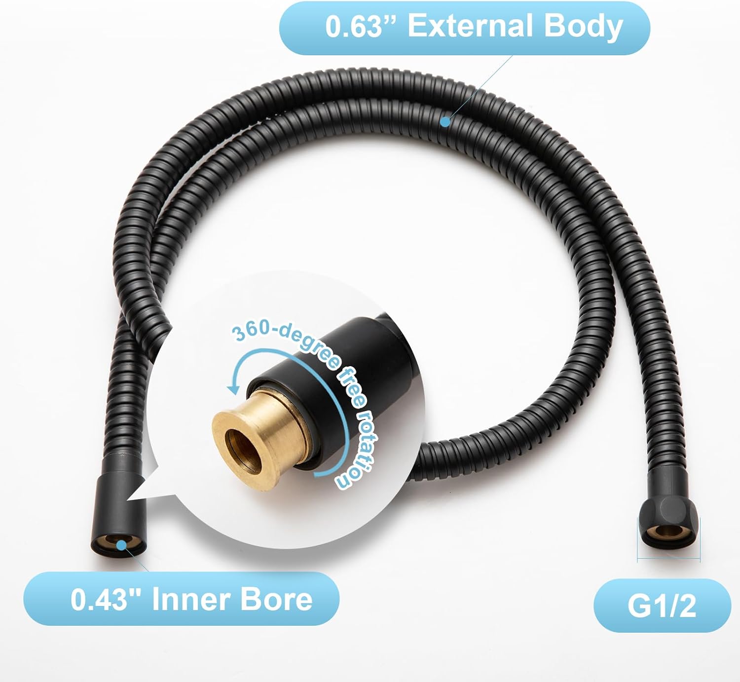 OFFO Shower Hose High Flow 0.43” Large Bore, 48 in Kink Free Stainless Steel Shower Head Hose Replacement G1/2”, Leak-proof Extra Long Flex Handheld for Pet Bathing Cleaning, Matte Black