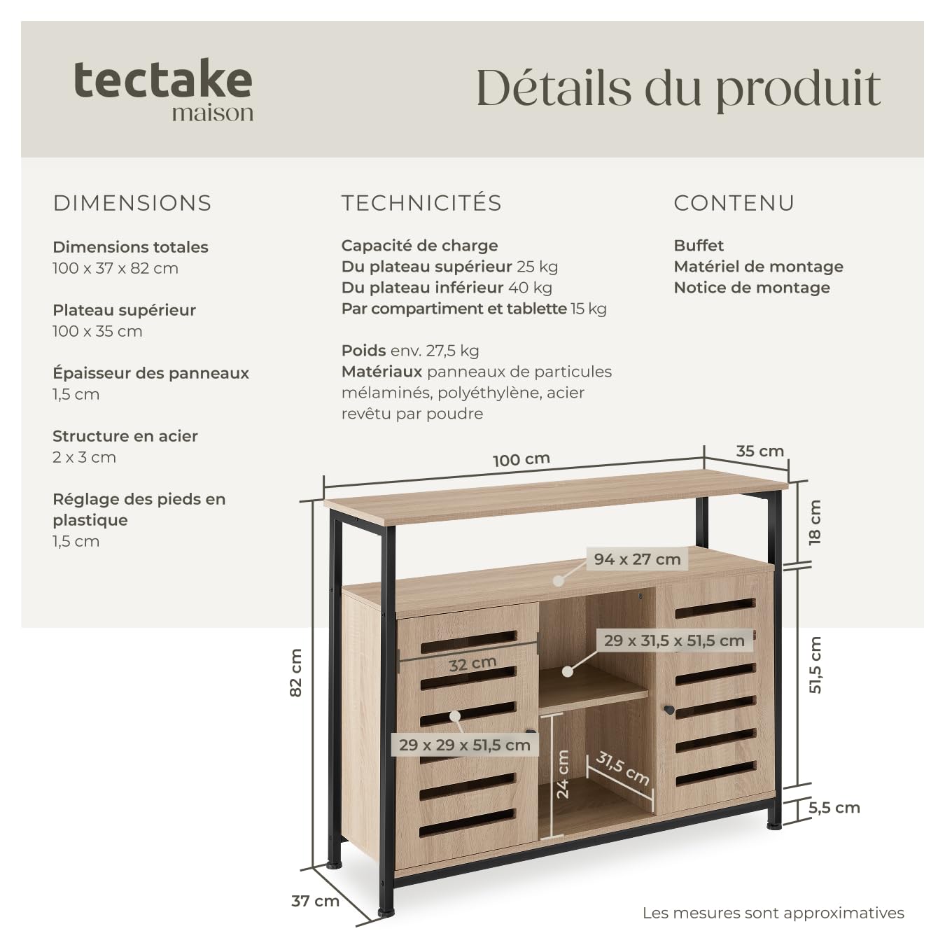 tectake® Buffet 100 x 37 x 82 cm, Meuble de rangement au Style industriel, Portes et Étagères, Buffet salle a manger, Rangement cuisine, Meuble de rangement salon, Vaisselier, Meuble salon, Bois clair