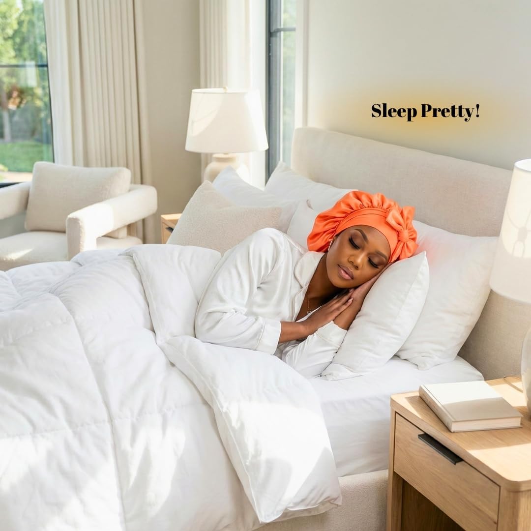 Jumbo Satin Bonnet for Braids & Locs Extra Large Orange Sleep Cap with Adjustable Tie Double Lined Night Hair Protection for Long Thick Hair, Wigs & Natural Curls