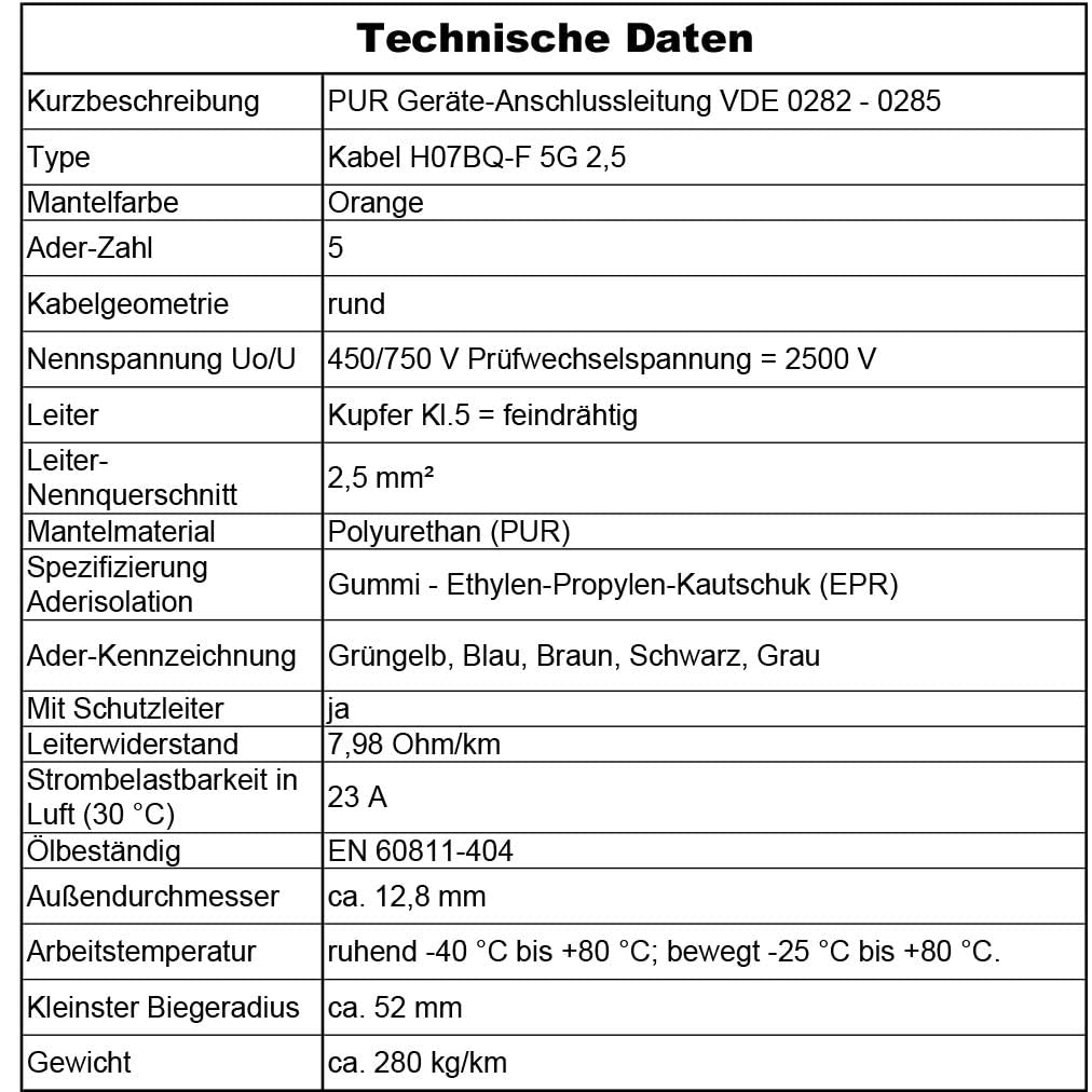 MAS Premium Kabel PUR 5-170 m H07BQ-F 2 x 1,5 3G1,5 2,5 4G1,5 5G1,5 2,5 4 6 7G1,5, pomarańczowy, przewód przyłączeniowy do urządzeń rolniczych lub urządzeń budowlanych (H07BQ-F 5G2,5OR, 15 m)