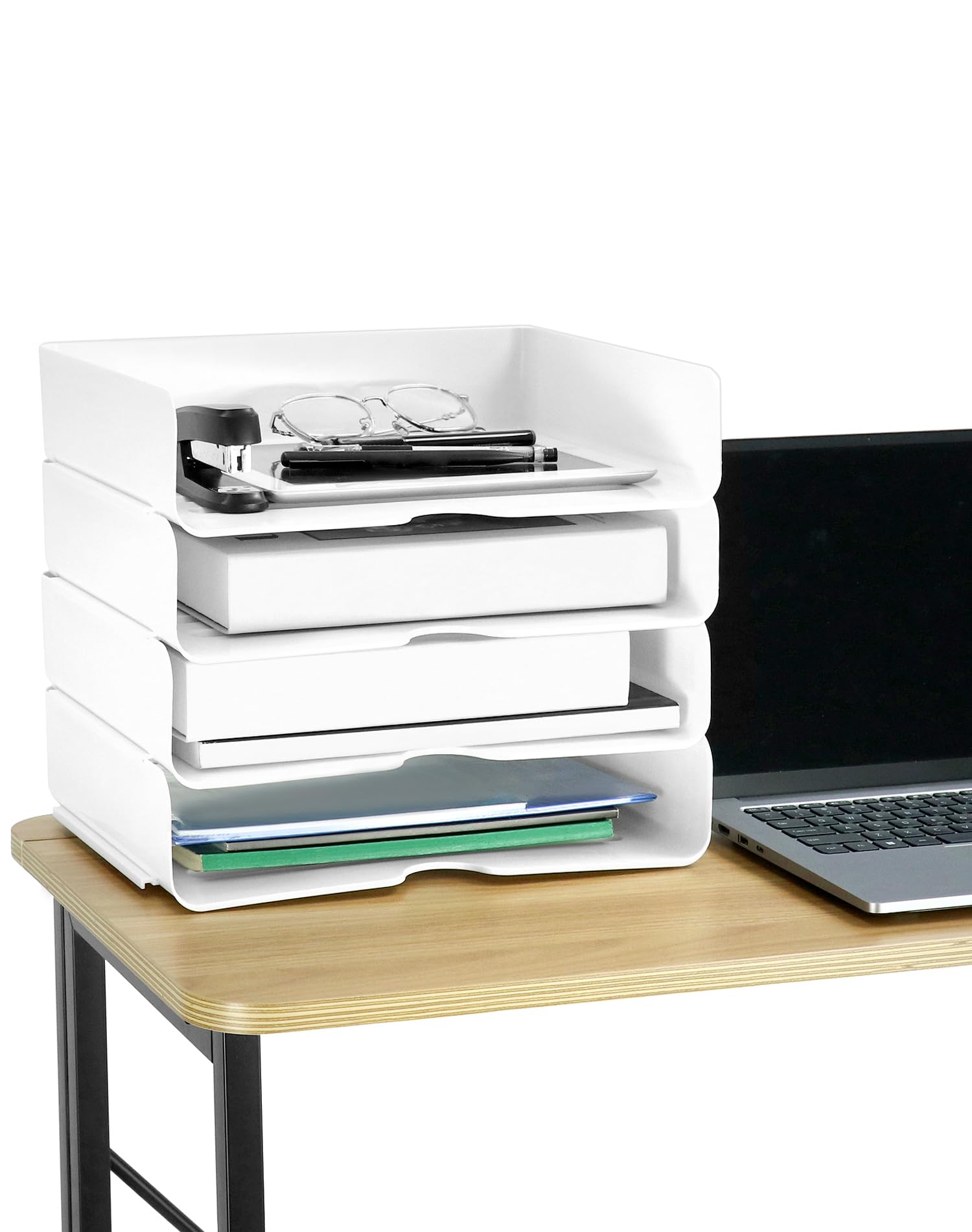 QWORK® Bandejas archivadoras A4 apilables, Paquete de 4, Organizador de Escritorio, Organizador Papeles, Blanco