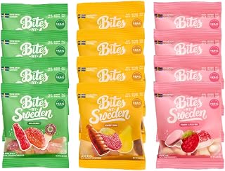 Bites By Sweden Swedish Candy Mix, Gummy Candy, No Trans Fat, No Red-40, No High Fructose Corn Syrup, 3.5oz, 12 Bags (Small, Variety Pack)