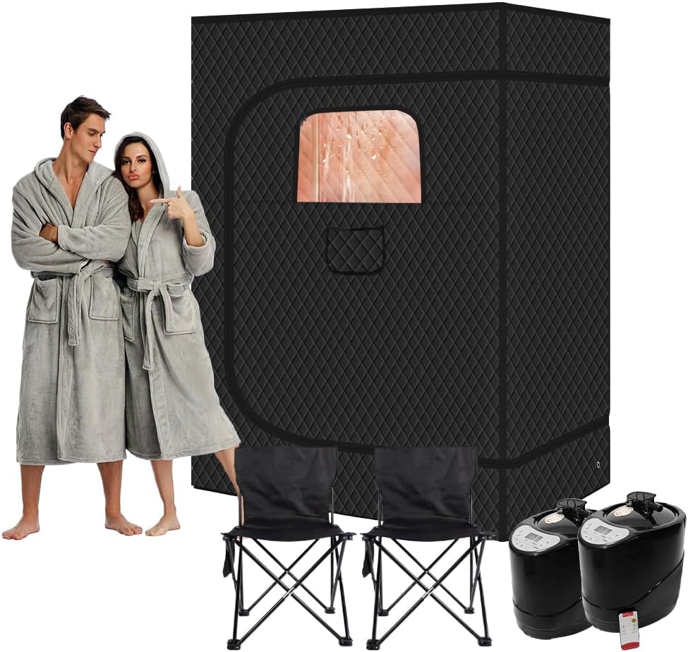 2-Person Portable Steam Sauna Tent for Home, Dual 3L 1500W Steamers & Folding Chairs, Remote Control, Mat, Quick Setup for Relaxation & Detoxification
