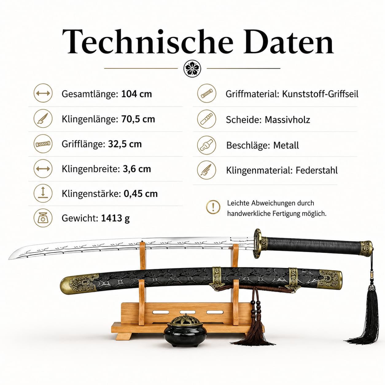 Katana Samuraischwert 104cm Nicht geschärft – Deko Schwert aus Edelstahl mit Bambusmuster, Schwarze Massivholz-Scheide, Japanisches Dekoschwert für Sammler, Cosplay & Geschenk
