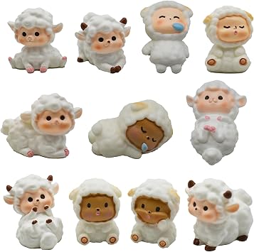 11Pcs Cute Miniature Sheep Figurines Mini Fairy Garden Sheep Ornament Resin Lamb Cake Toppers for DIY Terrarium Micro Landscape Bonsai Craft Birthday Party Gift