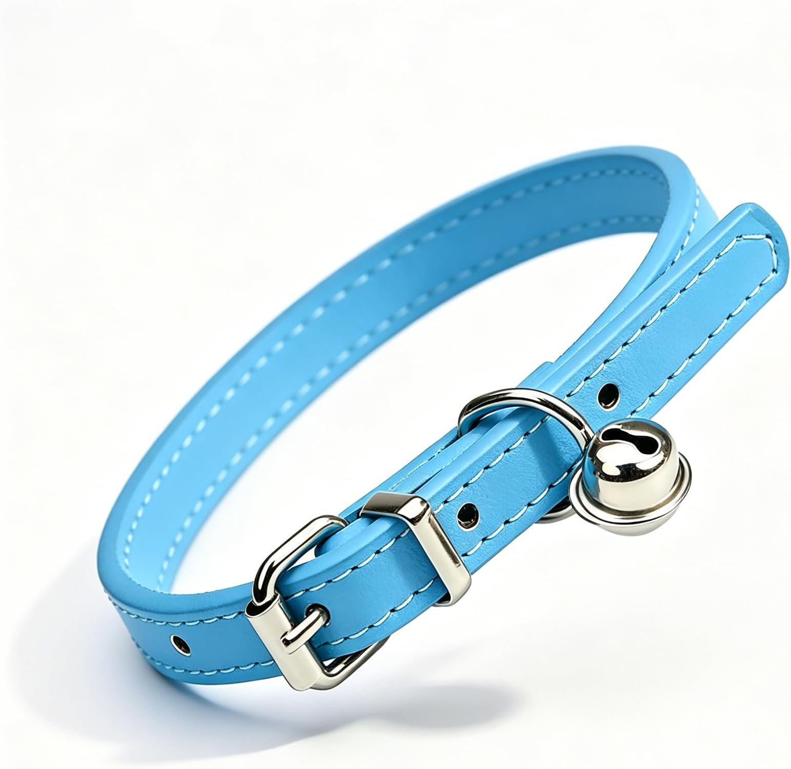 – Light Blue Faux leather Cat Collar with Bell, Adjustable Soft Neck Strap 7.87"-11.02", Comfortable Durable Accessory for Indoor and Outdoor Cats