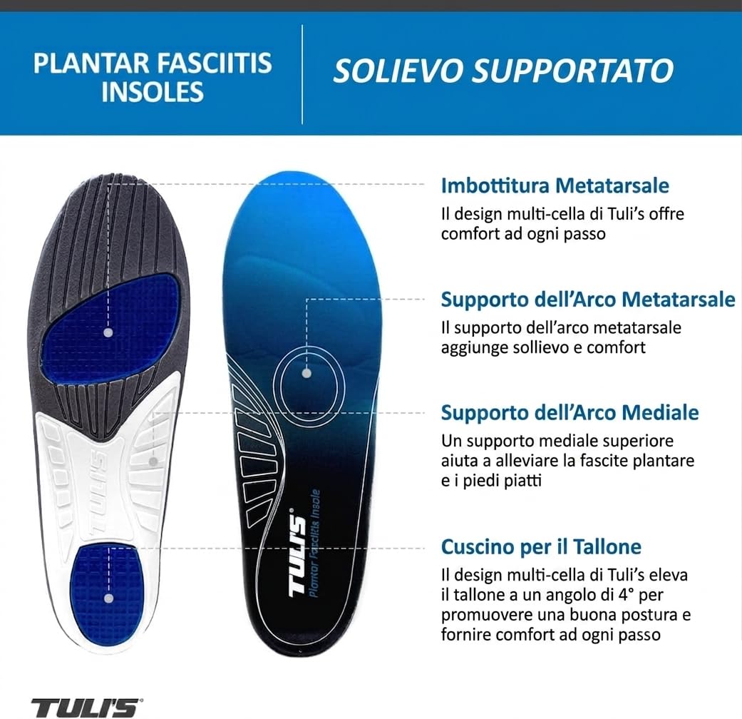 Tuli's Plantar Fasciitis Insoles Solette di Supporto Media, 1 Paio | Fascite Plantare – Archi e Sollievo dai Dolori del Piede, Ammortizzazione Antishock Premium