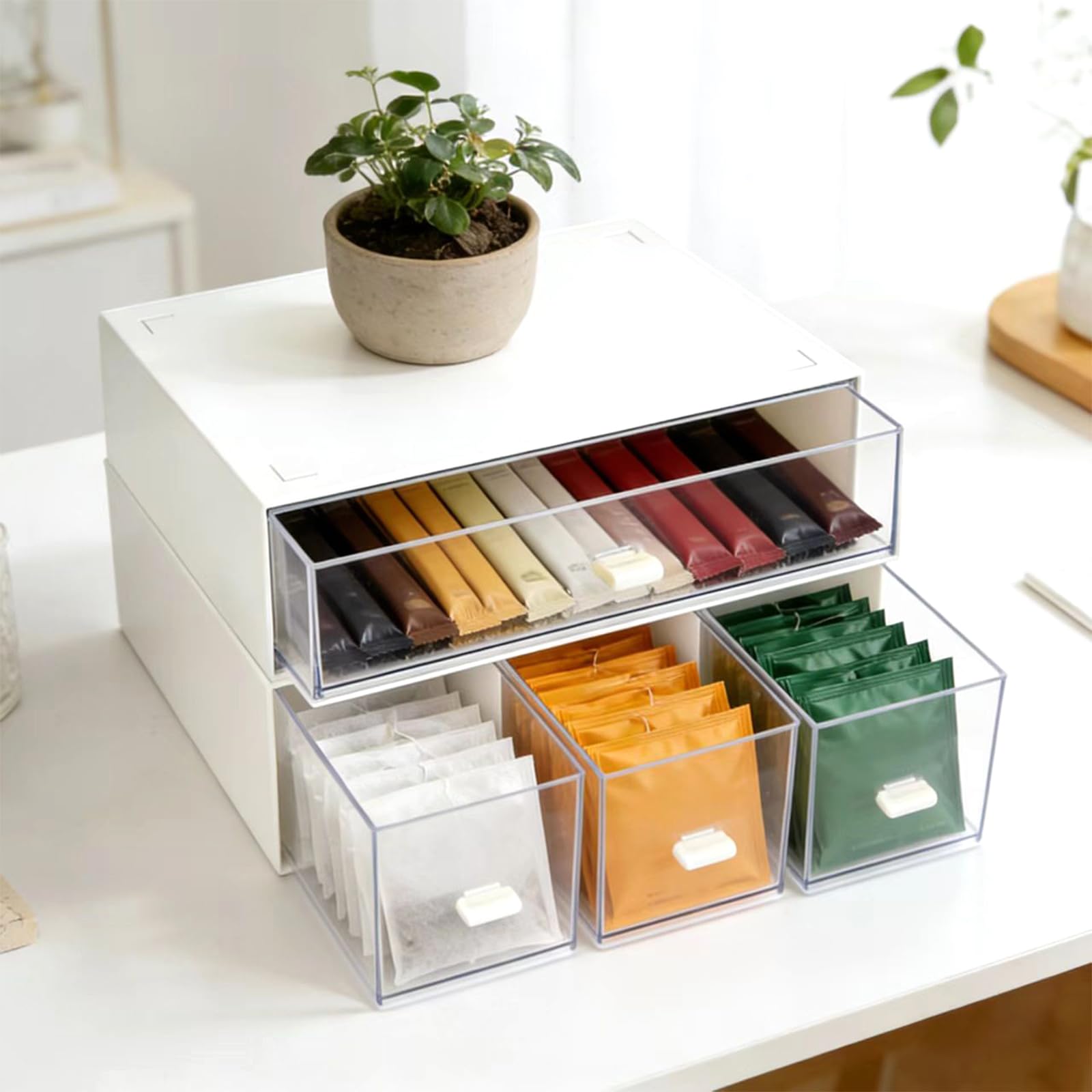 2 cajas de almacenamiento para bolsas de té, cajas de té de plástico para bolsas de té, cajones apilables, organizadores de cocina, cajas de bolsas de té para café, azúcar, especias