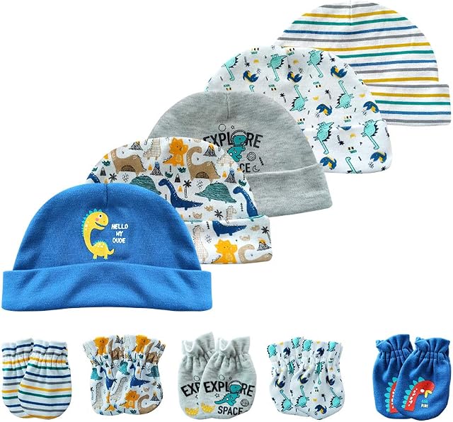 Baby hat and mittens set Newborn - Baby Hats Caps & Baby Scratch Mittens Gloves for baby boys girls 0-6 Months 100% Cotton