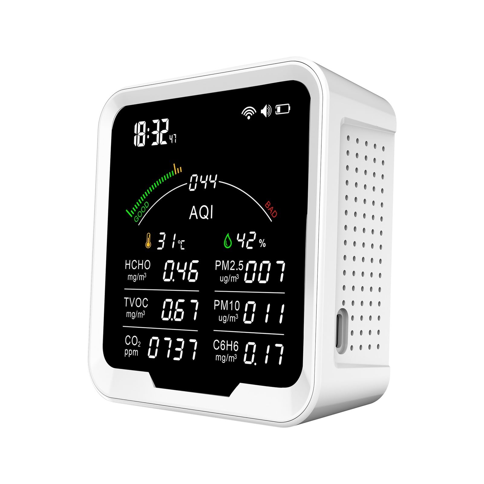 CVFRDD 9 In 1 Air Quality Monitor HCHO/TVOC/CO2/PM2.5/PM10/C6H6 Carbon Dioxide Detector 4.8Inch Temperature And Humidity Meter