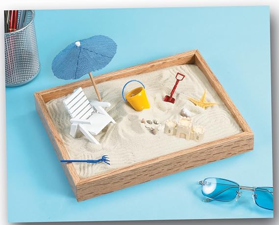 Executive Sandbox - Beach Themed Zen Garden - Desktop Stress Relieving Office Decor - Includes 8 x 10 Hardwood Sandbox, 8 Seaside Accessories, and Ultra-Fine Sand