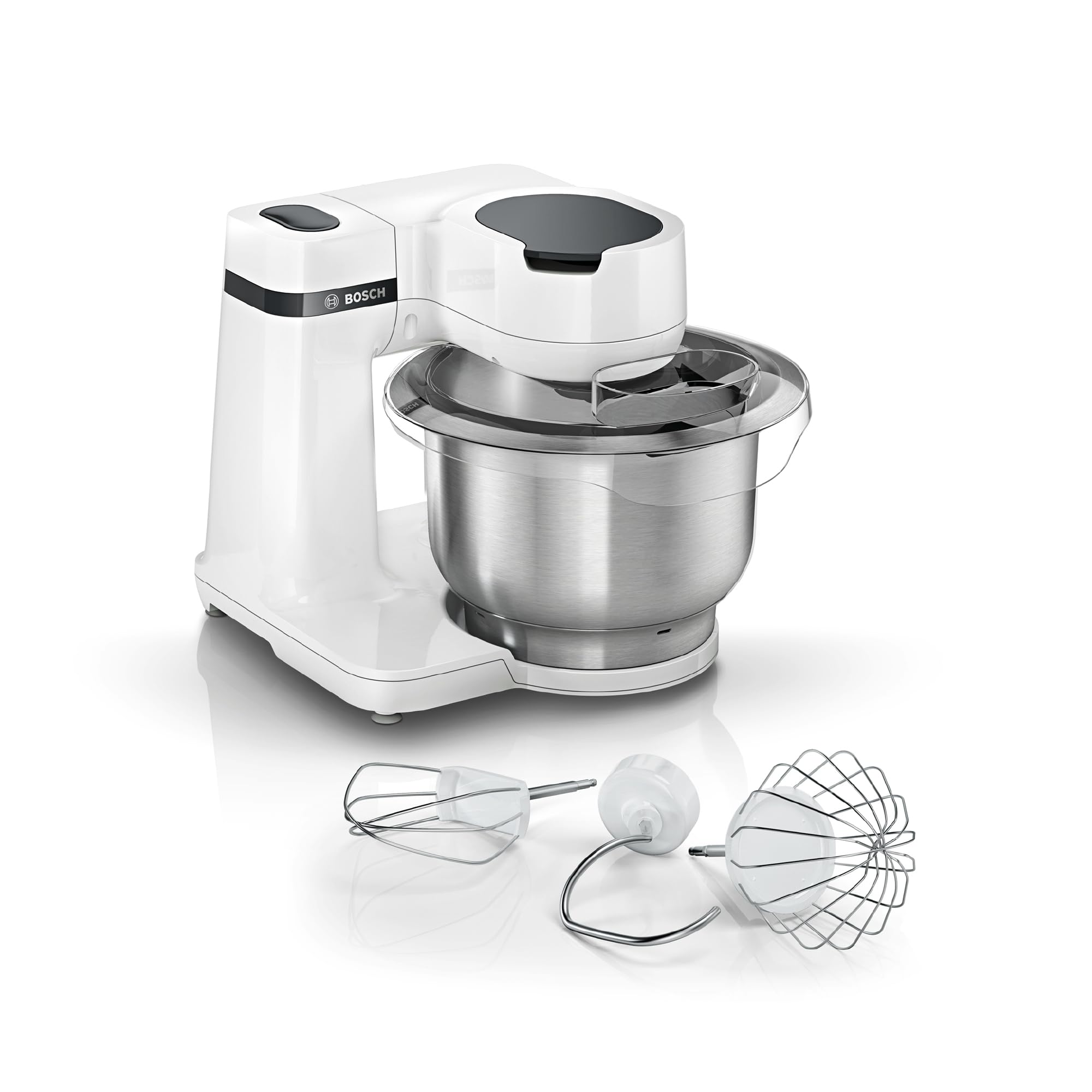 Bosch Küchenmaschine Serie 2, kleine Küchenmaschine, Edelstahl-Schüssel 3,8 L, Knethaken, Schlag-, Rührbesen spülmaschinenfest, 4 Arbeitsstufen, 700W, weiß, MUMS2EW00