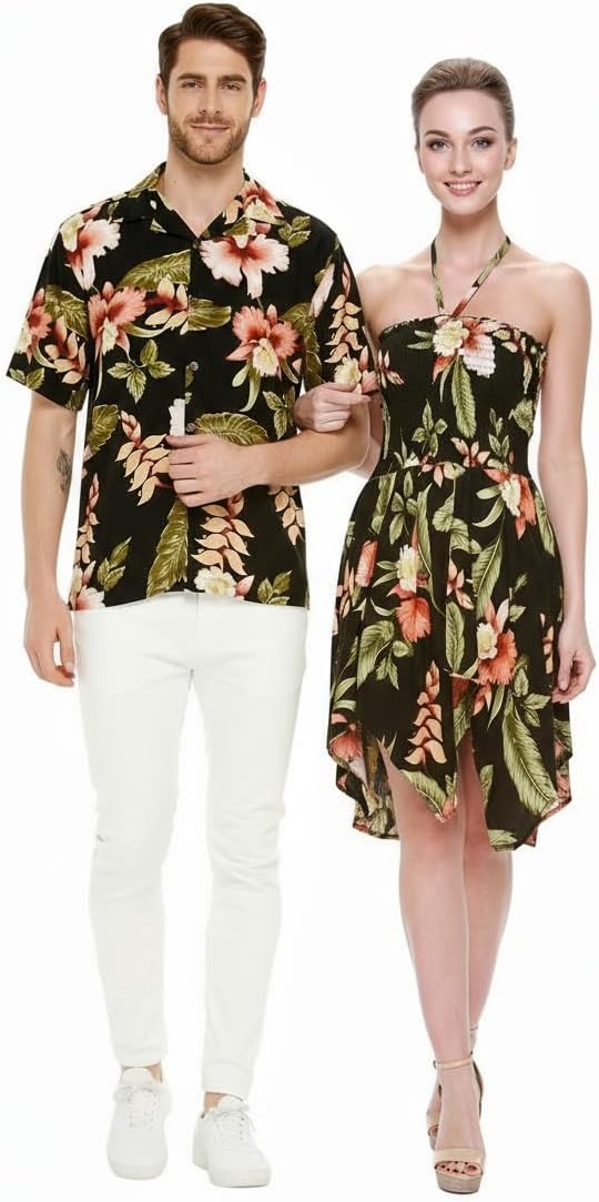Matchable Couple Hawaiian Luau Shirt or Fairy Dress in Black Rafelsia
