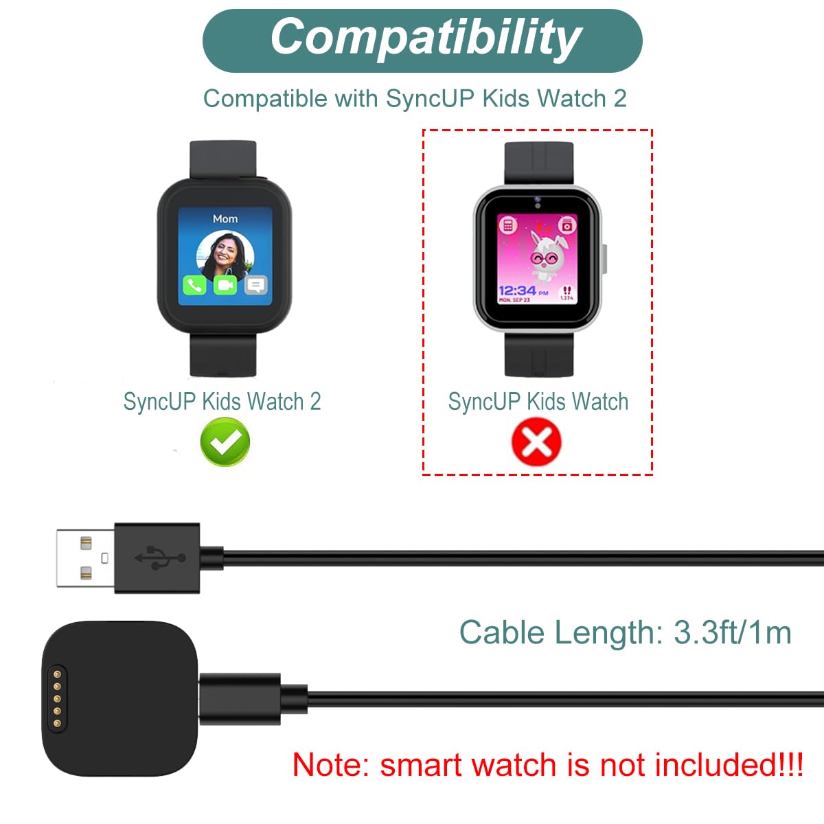 Cargador para SyncUP Kids Watch 2, cable de carga magnético de repuesto para T-Mobile Sync UP Kids Watch 2 (1 m)