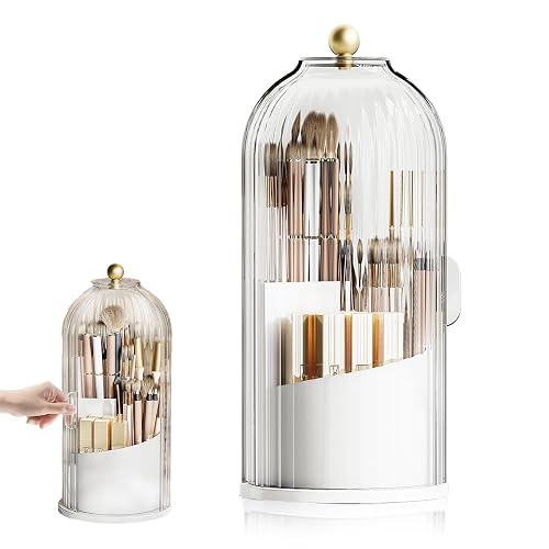 MAYCREATE® Makeup Brush Holder Organizer with Lid, 360° Rotatable Makeup Brushes Storage Case, Dustproof Clear 3-Grid Cosmetic Organizer Stand for Vanity Desktop Bathroom