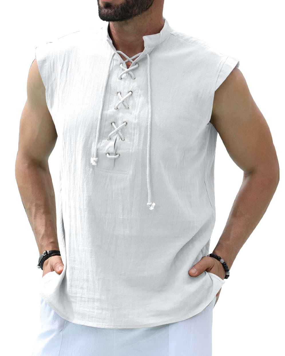 YAOBAOLE Chemise en Lin Homme San Manches Deguisement Medieval Vintage Lacets Tunique Viking Costume Pirate