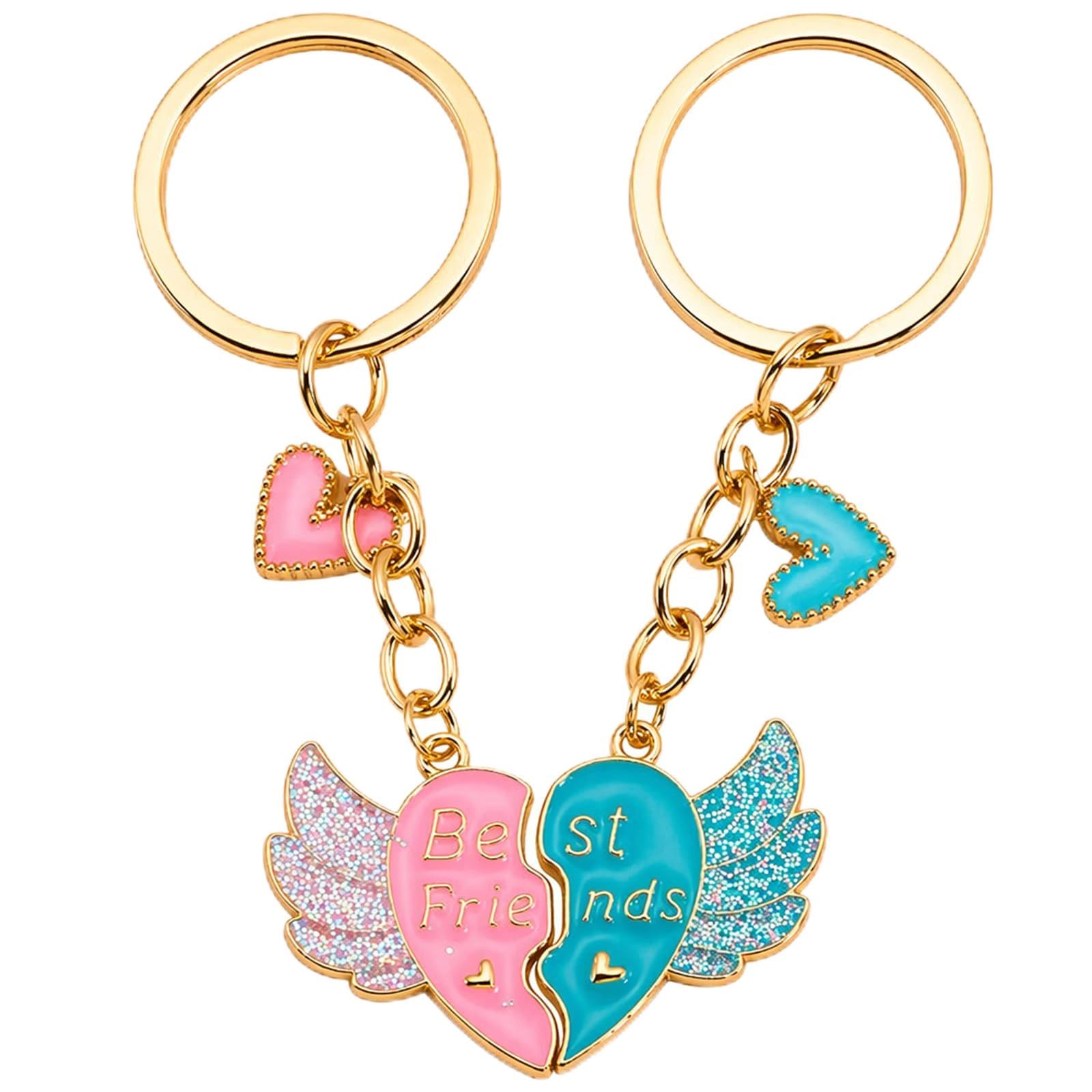 Zirax Women's Pink, Blue Heart Matching Keychains For 2 Best Friends, Pink And Blue Stitching Friendship Keyring Set, Bff Gifts For Girls Birthday Christmas